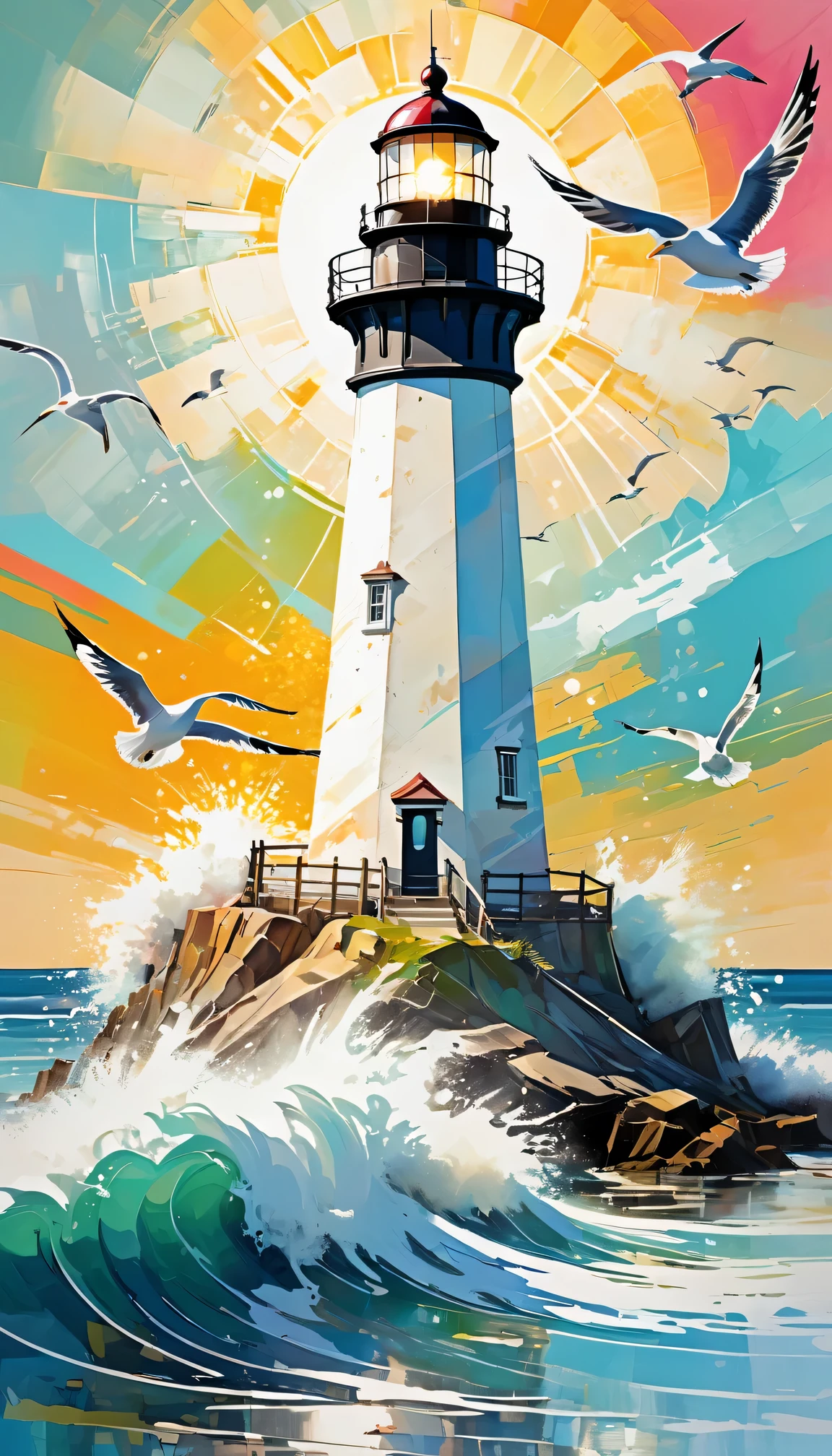 graffiti style:lighthouse,Collage,painterly,Impressionism,roughly,Abstract,light and shadow,bright colors,Detailed texture,Blurred edges,pastel tones,reflection in water,seagull,floating clouds,bright sunshine,rough waves,dynamic composition,Fantasy elements