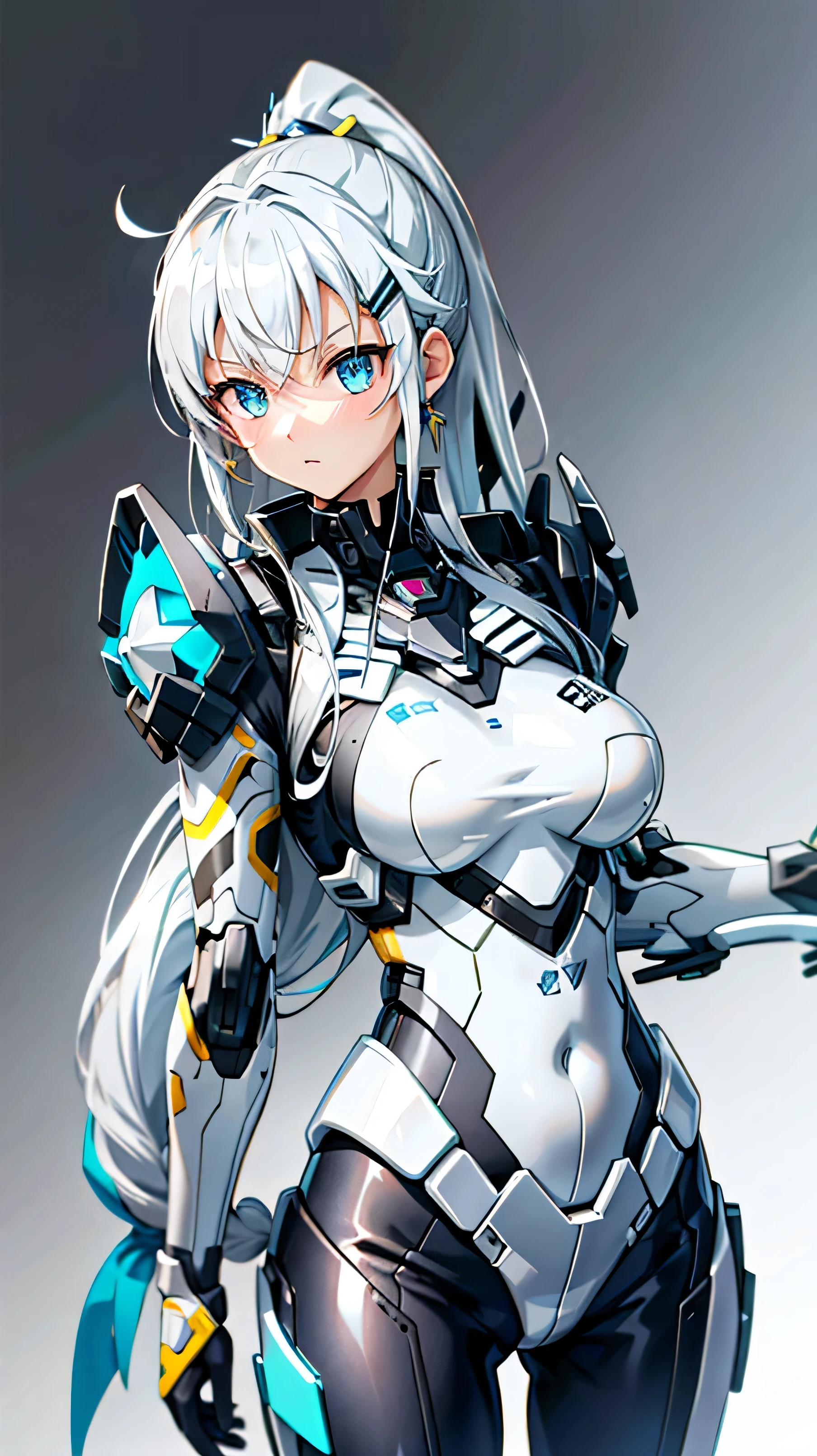 Silver gray single ponytail，White eye patch on the right eye，sea blue pupils，side hair twisted braid，EVA black and white tight suit，Gold jewelry around the neck，black hairpin，girl，Princess，There is an EVA mecha behind him