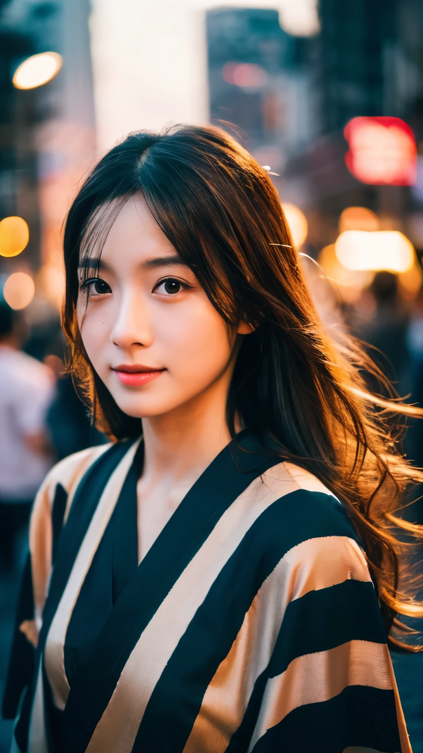 Beautiful Japanese supermodel woman, A lock of hair with slight highlights, black eyes, mixed media, Sexy,street background,Gorgeous kimono , Liquid color flows across her face, Sunset,Photo by Wang Luodan,god of wealth