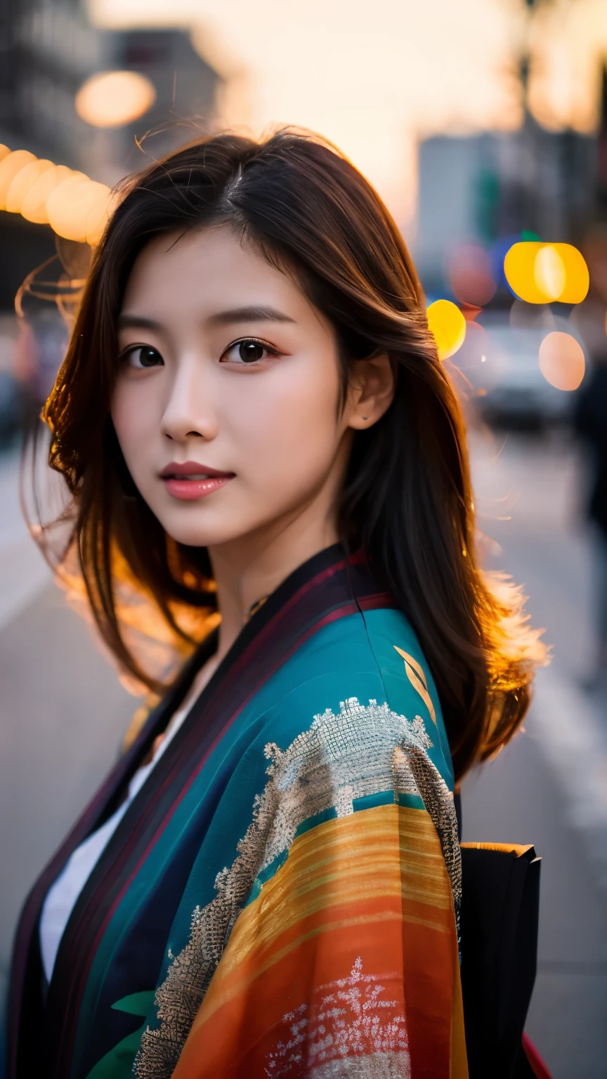 Beautiful Japanese supermodel woman, A lock of hair with slight highlights, black eyes, mixed media, Sexy,street background,Gorgeous kimono , Liquid color flows across her face, Sunset,Photo by Wang Luodan,god of wealth