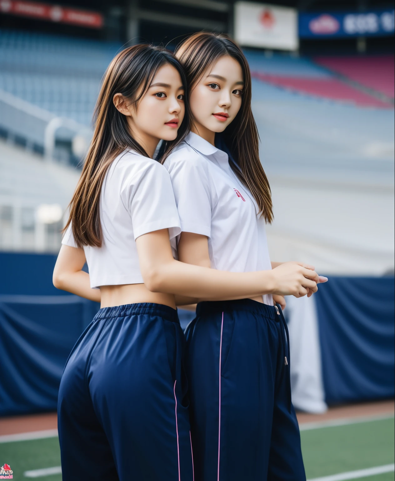 (best quality,10,10,height,Masterpiece:1.2),Special details,(realistic,ภาพrealistic,Realistic photos:1.37),1 cute girl on the football field,shiny, ผิวshiny,only,smile softly,BDclothelue shirt:1.3)),short sleeve,shirt, กางเกงขาlong.,(navy_long_track pants:1.1), ((stadium background:1.3)),Dynamic angle,excited,Face focus,dynamic poses,from behind,focus on ass,Masterpiece, best quality, ultra realistic, hyper-detail, 8K resolution, raw photos, Sharp focus, ((Navy blue shirt:1.1)), short sleeve, เส้นทางlong, perfect body, 2 mature women, 18 years old, Cinema-grade lighting system,blue sweatpants,shirtผ้าออกกำลังกาย,correct anatomy,perfect body, correct body, Sharp face, correct bodyทางกายวิภาค, full body, realistic gestures, long-haired, realistic poses,Wear long shorts................................,ช่วงขาlong,Good shape,carved girl, Slender figure, model, Good shape, beautiful body,blue sweatpants, two girls kissing