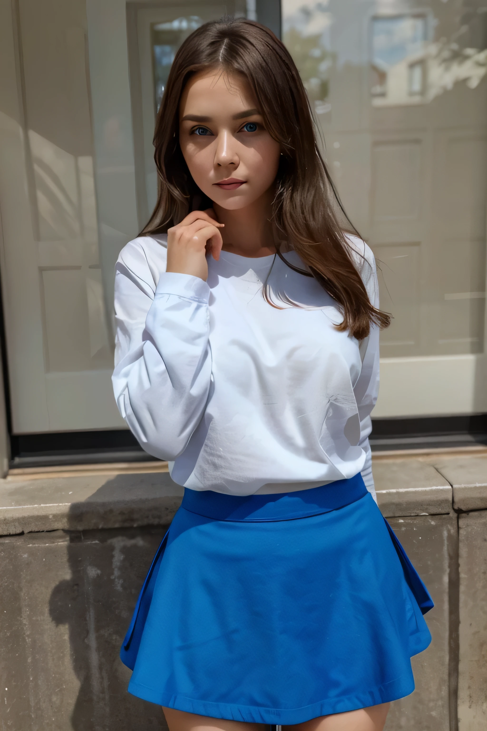 a beautiful girl with a round realistic face and deep blue eyes and a blue skirt