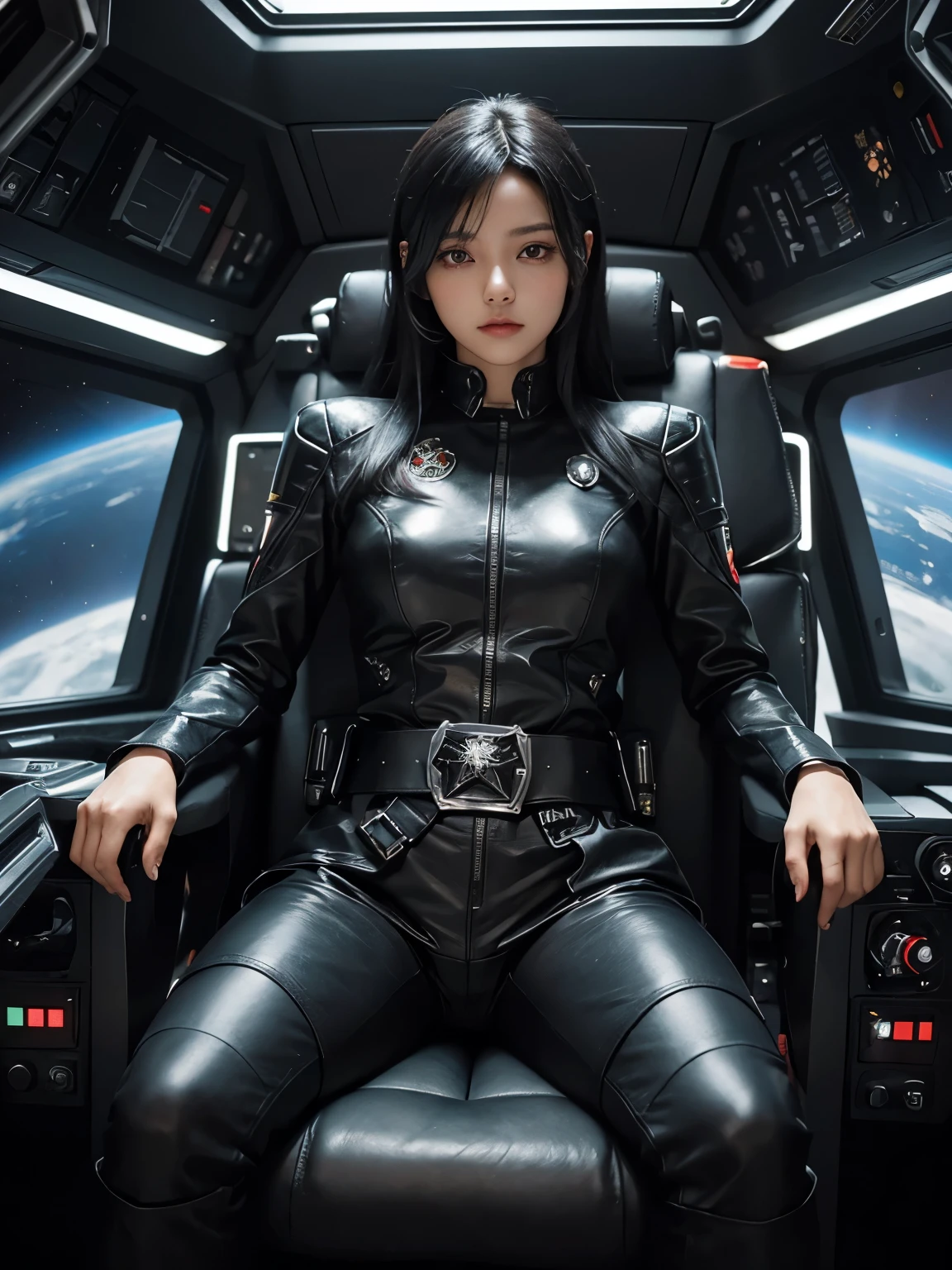 A beautiful woman is sitting in the command seat of a space battleship with her arms folded. The command seat is covered in leather and has a very luxurious structure. The woman has black hair and wears black metallic combat uniform. On his waist is something reminiscent of Kamen Rider's transformation belt. The woman's age is twenty-five.