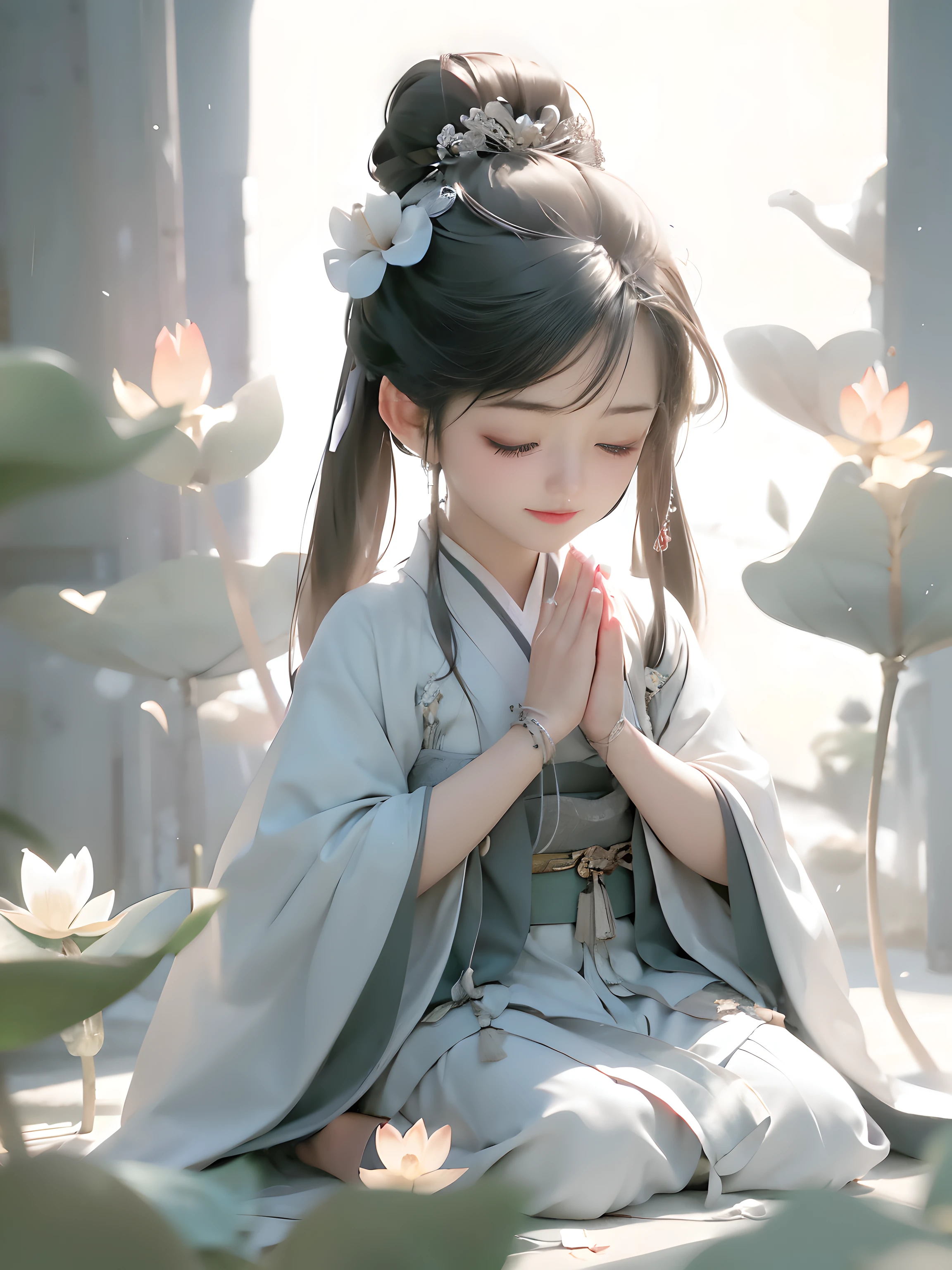 Anime girl in kimono sitting on the ground with hands crossed, guweiz style artwork, guweiz, palace ， A girl wearing Hanfu, Gurwitz Masterpiece, guweiz on pixiv artstation, Guweiz on ArtStation Pixiv, Popular topics on cgstation, author：Li Song, Serenity illustration, Anime beautiful peaceful scene