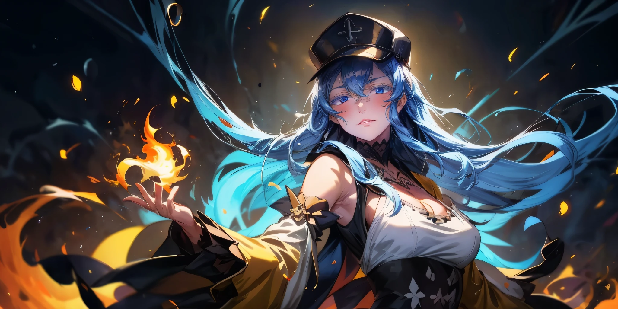 Esdeath, breasts, long hair, blue hair, blue eyes, hat, solo, very long hair, peaked cap, 1girl, fire,  breasts, solo, yellow shirt, yellow_ribbon, medium_breasts, burning, collarbone, flame, wide_sleeves, looking_at_viewer, ribbon, sash, upper_body, lips, parted_lips, Vector art, Vivid colors, Clean lines, Sharp edges, Minimalist, Precise geometry, Simplistic, Smooth curves, Bold outlines, Crisp shapes, Flat colors, Illustration art piece, High contrast shadows, Technical illustration, Graphic design, Vector graphics, High contrast, Precision artwork, Linear compositions, Scalable artwork, Digital art, heavy breathing, blue eyes, hollow eyes, lips, sad expression, gloomy expression, steaming face, glowing eyes, white eyelashes