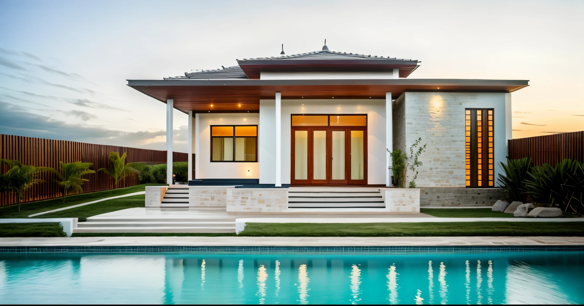 exterior of house, contemporary style, Stone wall, xingfa door, tropical landscape, sunny, wall light, lighting inside, 8k, masterpiece, high quality,
