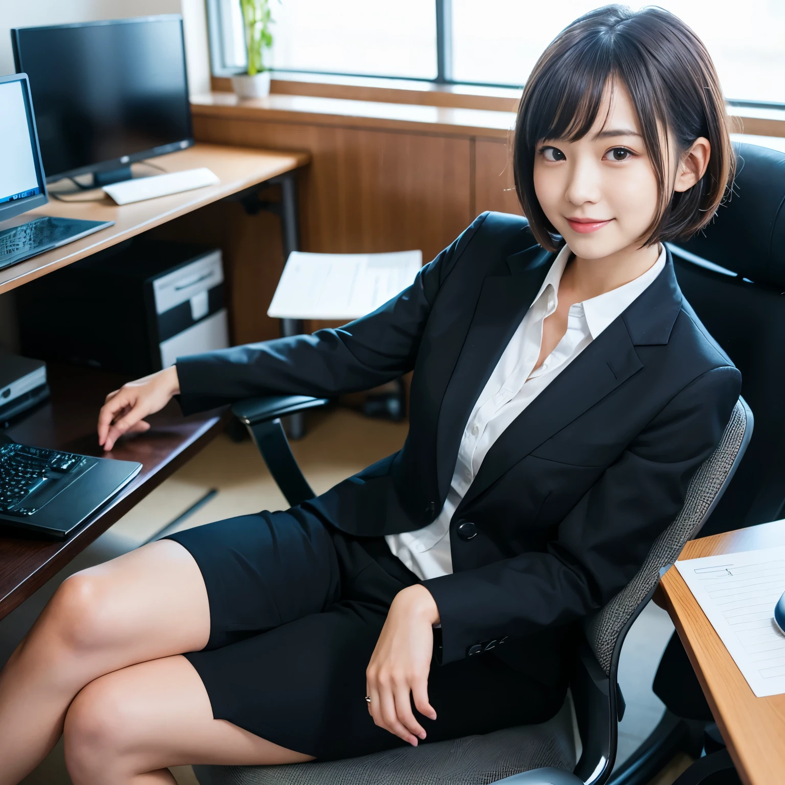 Best-quality, Masterpiece, Ultra-High-Resolution, (Photorealistic:1.4), Raw-Photo, at midnight, in office, 1girl, 15-years-old, the most famous Japanese idol, sitting on business-chair, innocent-smile, extremely cute face like the most popular Japanese idol, extremely beautiful big-black-eyes, extremely beautiful black-short-cut-hair, wearing business-suit,
detailed office, detailed business-desk, detailed business-chair, detailed PC, detailed multi-monitor