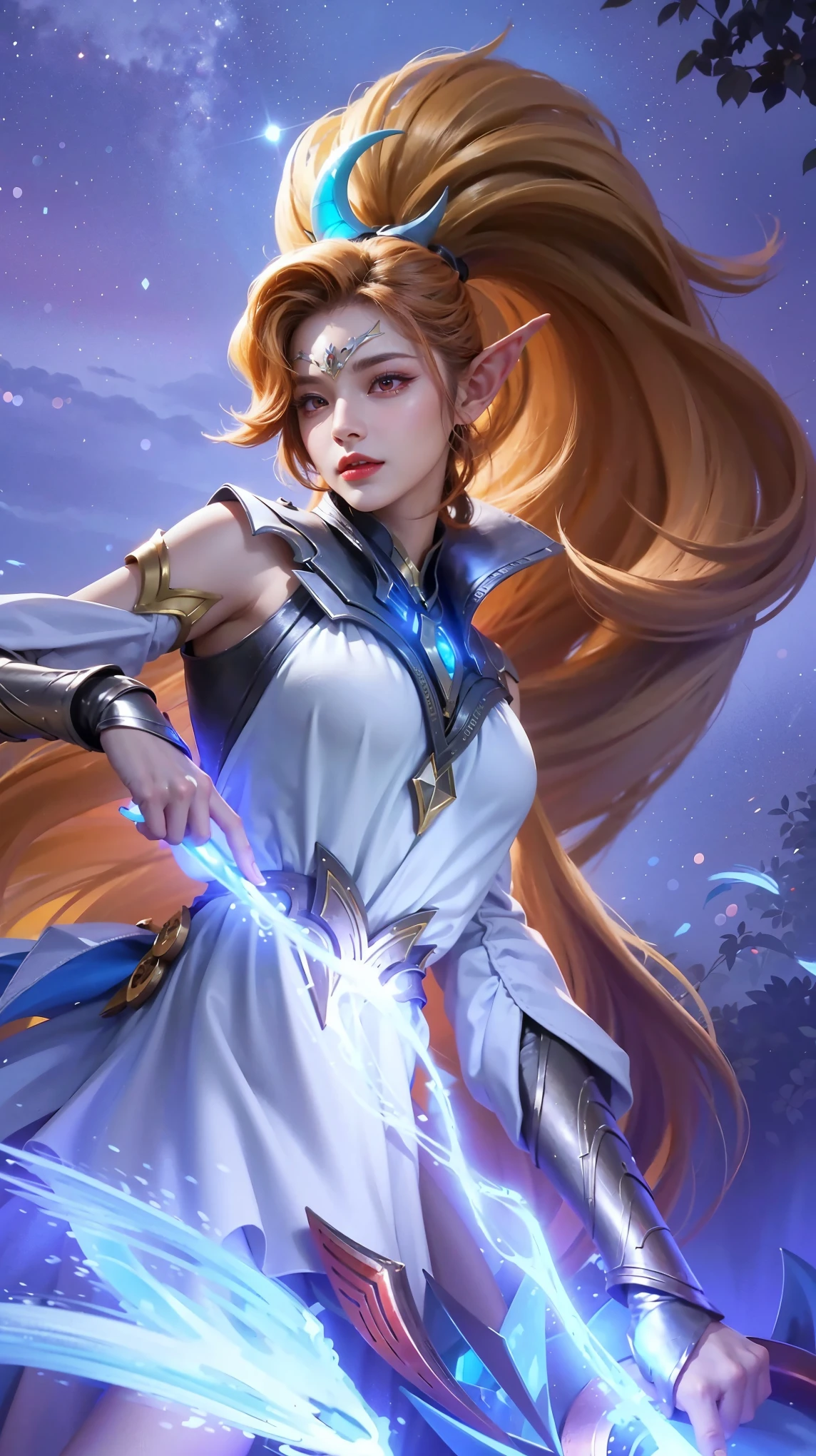 (female:1.2), 8k, ultra hd, ultra detailed texture, hyper realistic, masterpiece, detailed texture, detailed face, detailed skin, detailed lighting, (photorealistic:1.5), best quality, beautiful lighting, cinematic lighting, professional lighting, ultra highres, realistic, detailed hair, real hair, high quality, (realskin:1.5), extremely detailed, finely detail, ultra-detailed, 1girl, solo, elf, pointy ears, standing, demon horns, forehead protector, (red eyes:1.5), v-shapped eyebrow, lips, red lips, evil smile, nose, make up, pretty, beautiful, cute face, long hair, blue hair, high ponytail, large breasts, cleavage, armpit, navel, stomach, black armor, pauldrons, bare shoulders, shoulder armor, thigh high, sleevless, detached sleeves, breastplate, gauntlets, karina \(mobile legends\), depth of field, looking aways, white skin, skin tight, amazing pose, outdoors, glowing, dark view