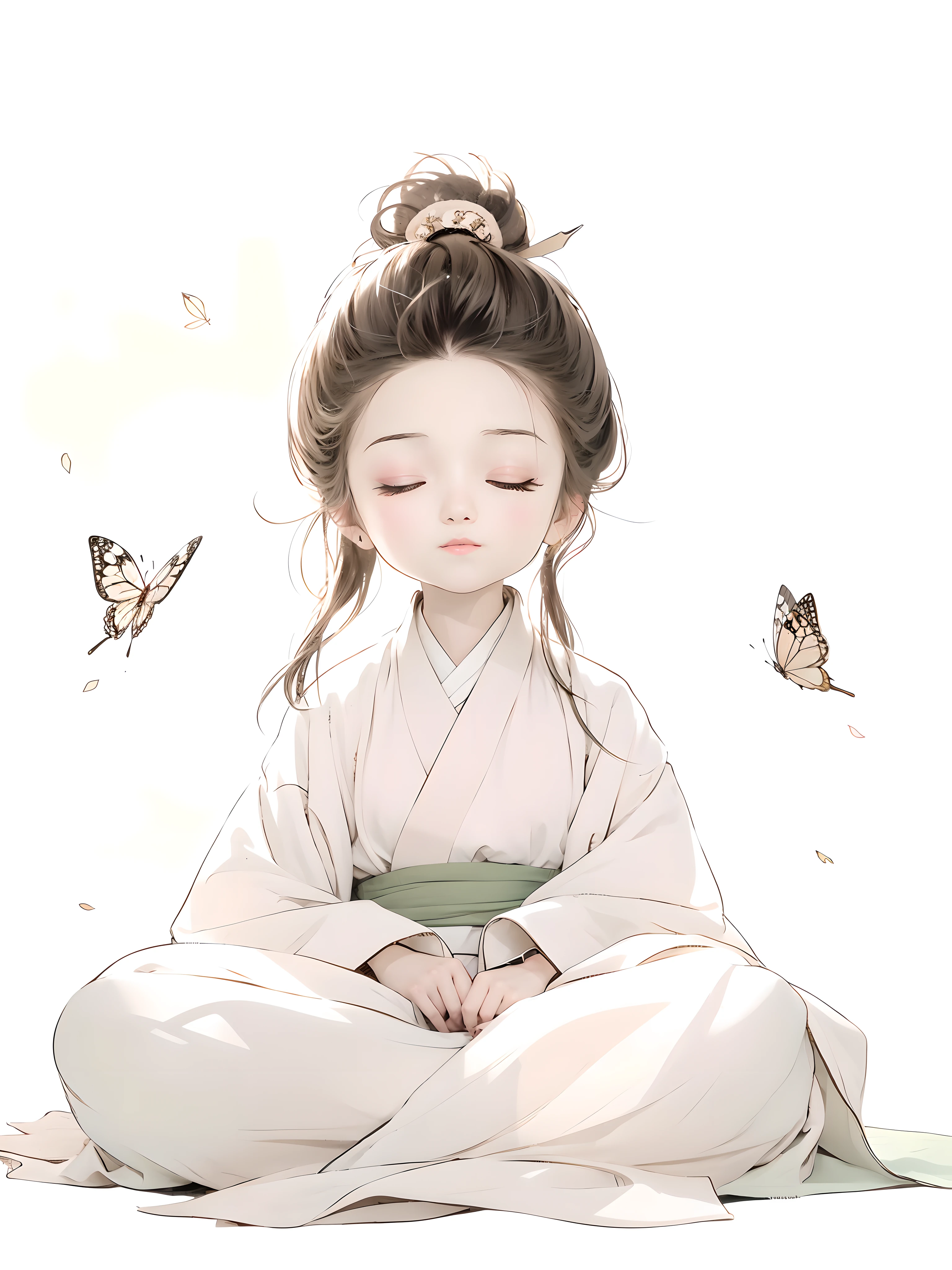 Anime girl wearing white kimono sitting on the ground，Butterflies danced around her, palace ， A girl wearing Hanfu, White Hanfu, Gurwitz, flowing hair and gown, beautiful figure painting, Gurwitz-style artwork, author：Yang Jie, Inspired by Chen Daofu, Chinese girl, Wearing a simple robe, traditional painting style, author：Li Song