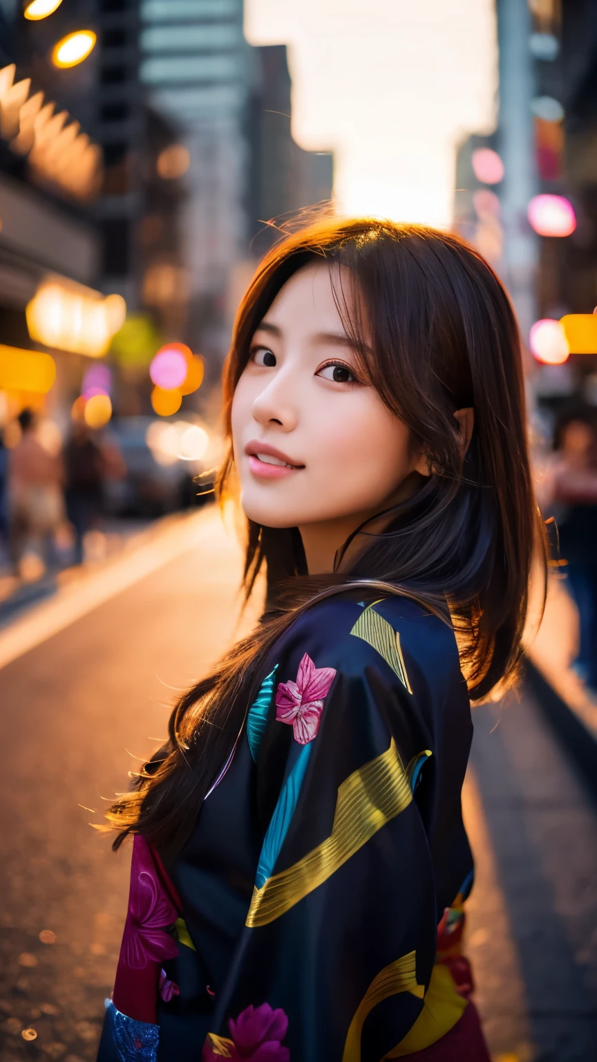 Beautiful Japanese supermodel woman, A lock of hair with slight highlights, black eyes, mixed media, Sexy,street background,Gorgeous kimono , Liquid color flows across her face, Sunset,Photo by Wang Luodan,god of wealth