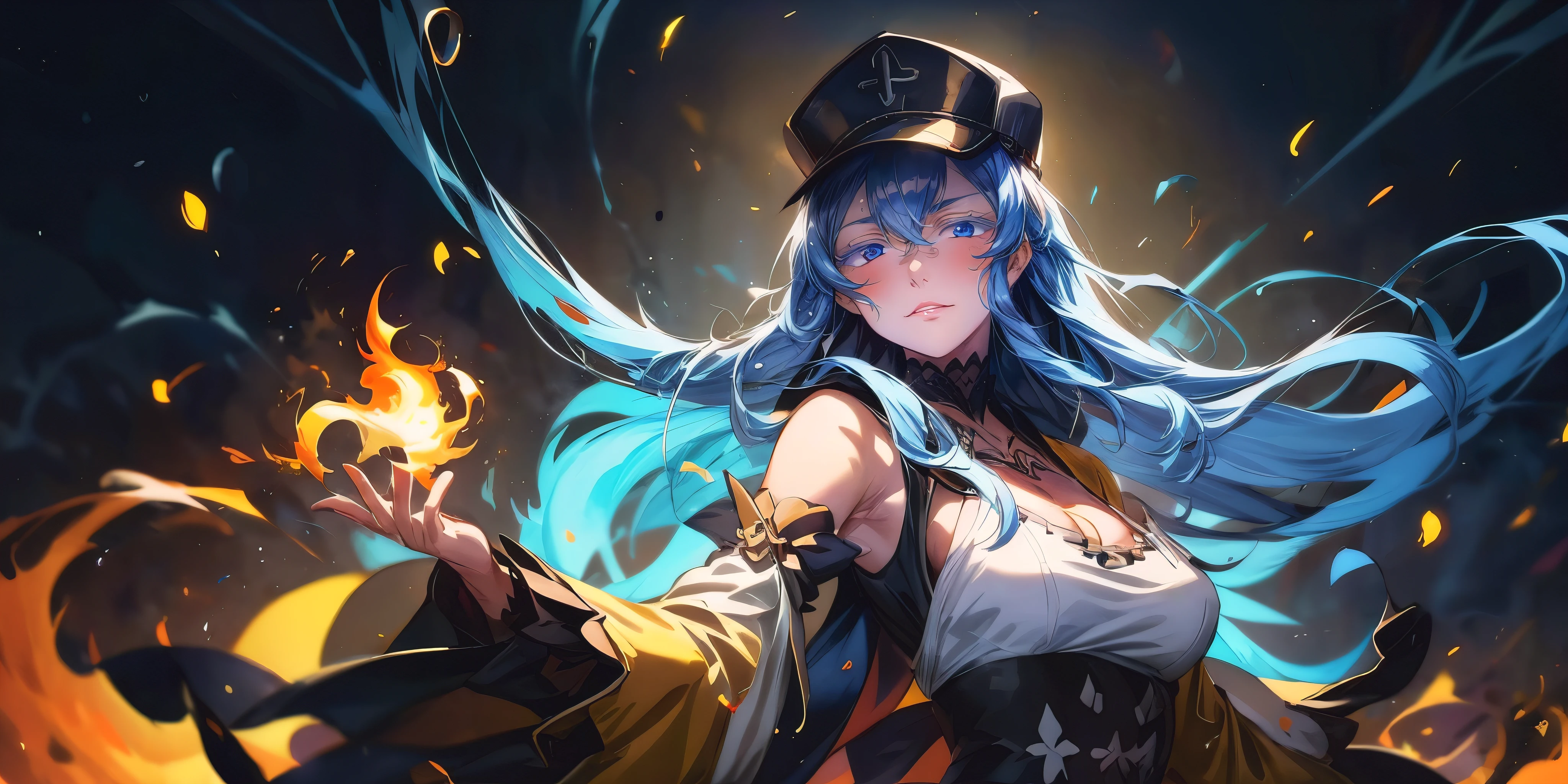 Esdeath, breasts, long hair, blue hair, blue eyes, hat, solo, very long hair, peaked cap, 1girl, fire,  breasts, solo, yellow shirt, yellow_ribbon, medium_breasts, burning, collarbone, flame, wide_sleeves, looking_at_viewer, ribbon, sash, upper_body, lips, parted_lips, Vector art, Vivid colors, Clean lines, Sharp edges, Minimalist, Precise geometry, Simplistic, Smooth curves, Bold outlines, Crisp shapes, Flat colors, Illustration art piece, High contrast shadows, Technical illustration, Graphic design, Vector graphics, High contrast, Precision artwork, Linear compositions, Scalable artwork, Digital art, heavy breathing, blue eyes, hollow eyes, lips, sad expression, gloomy expression, steaming face, glowing eyes, white eyelashes