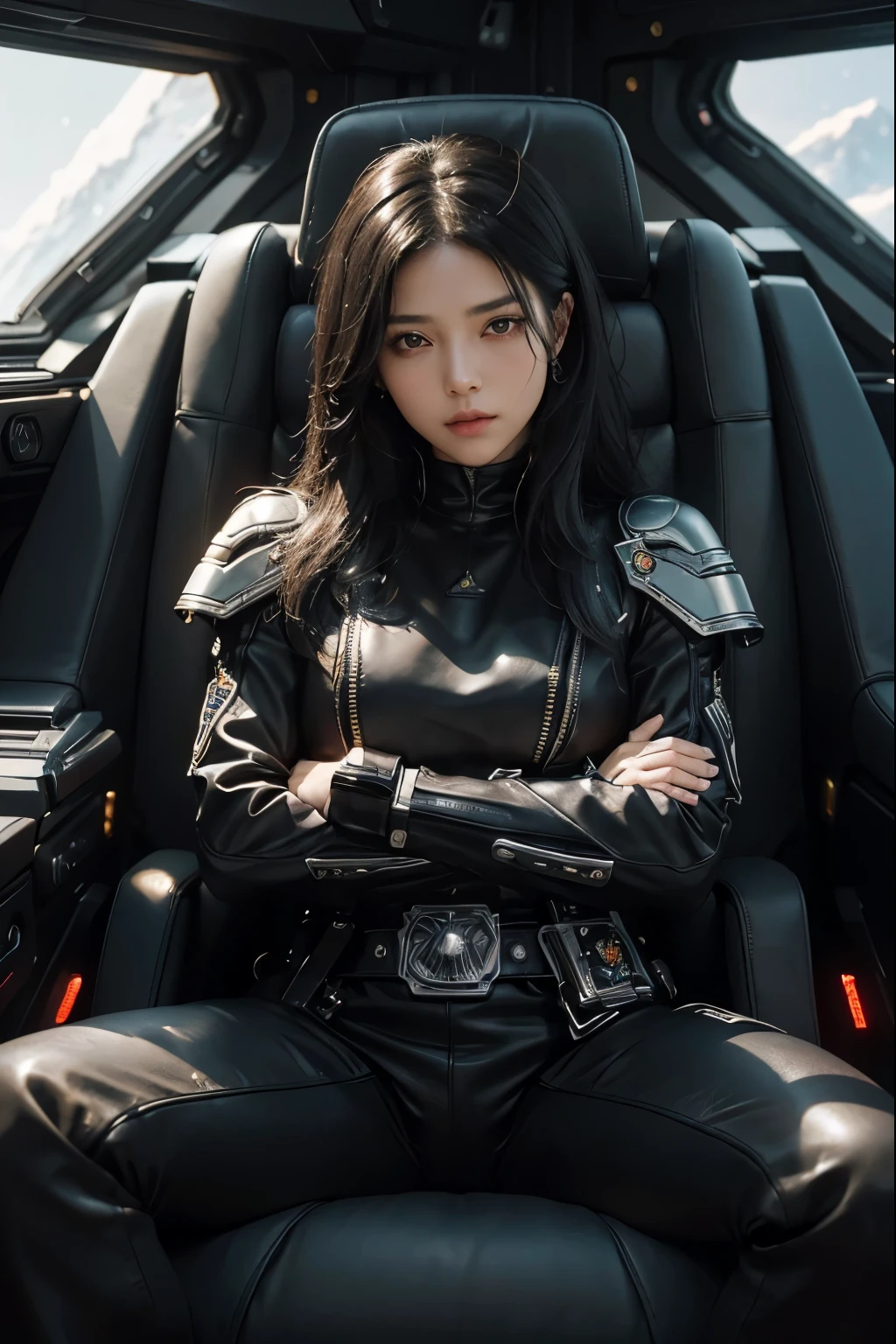 Upper body close-up image.A beautiful woman is sitting in the command seat of a space battleship with her arms folded. The command seat is covered in leather and has a very luxurious structure. The woman has black hair and wears black metallic combat uniform. On his waist is something reminiscent of Kamen Rider's transformation belt. The woman's age is twenty-five.