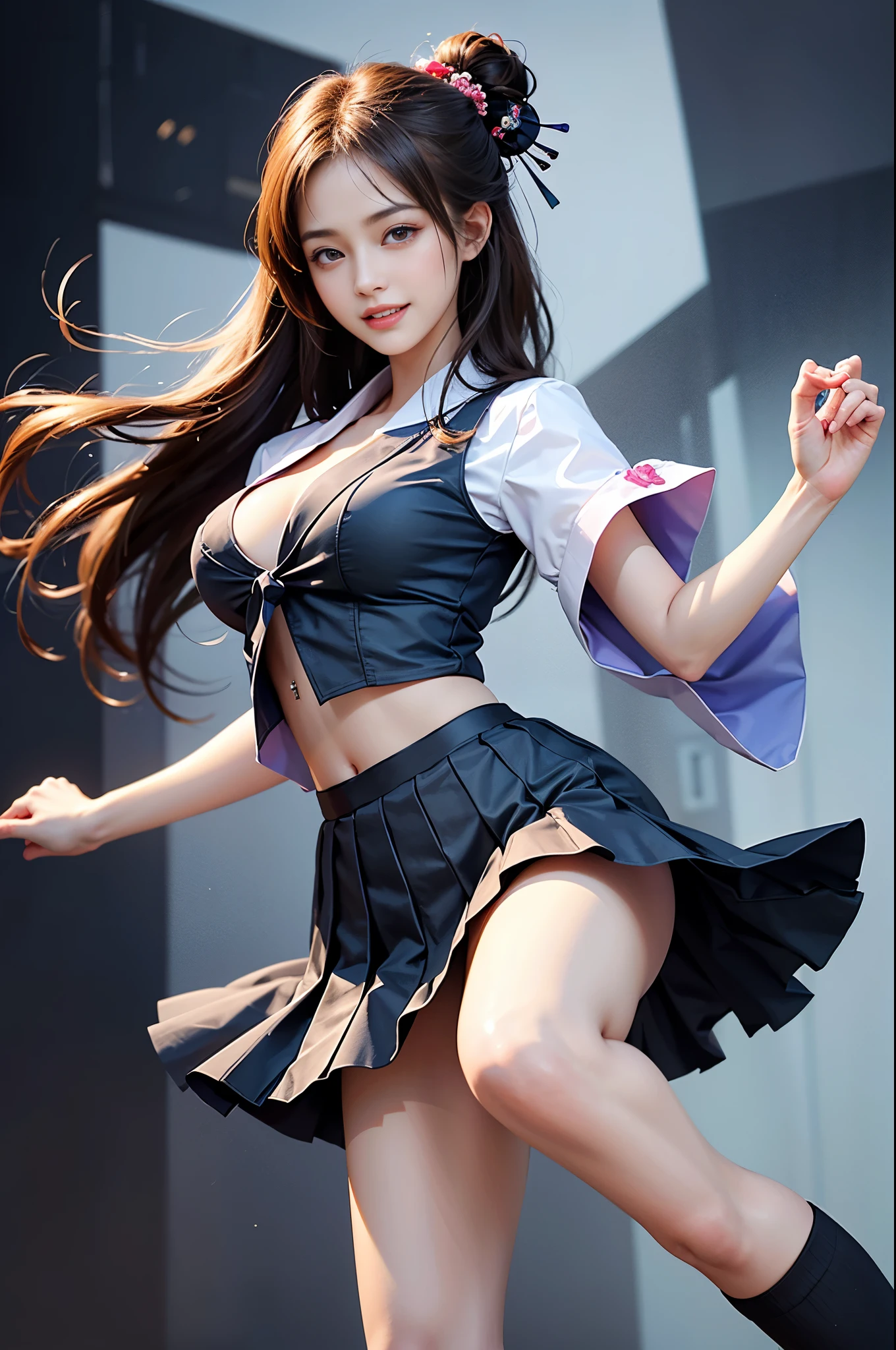 <Quality improvement prompts>
BREAK
(large_breast:1.4),(beautiful thighs:1.4),(midriff-baring:1.5),1girl,(21yo,idol,Cute perform on stage:1.2),
<Other character appearance prompts>
(kimono style armband,japanese style tie,silk vest,check pleated skirt,frilled dress shirts,short sleeve,high school uniform:1.5),floral pattern hair band,red,blue
BREAK,
(white over-knee-socks:1.15),(zettai ryouiki:1.3),
BREAK, ((highest quality、8K、masterpiece:1.3))、sharp focus:1.2、(genuine、photogenuineistic:1.37)、(shining smile:1.5)、beautiful face woman、28 years old、pointed chest、long eyelashes、colored contact lenses、big breasts 、delicate、very fine eyes、highly detailed eyebrows、(sharp eyebrows)、(thin eyebrows).highly detailed face、(((beautiful feet:1.3)))、((beautiful breasts:1.3)、(brunette tousled hair)、(28 years old女性:1.2)、(Korean)、
<expression、illumination、background、Other prompts>