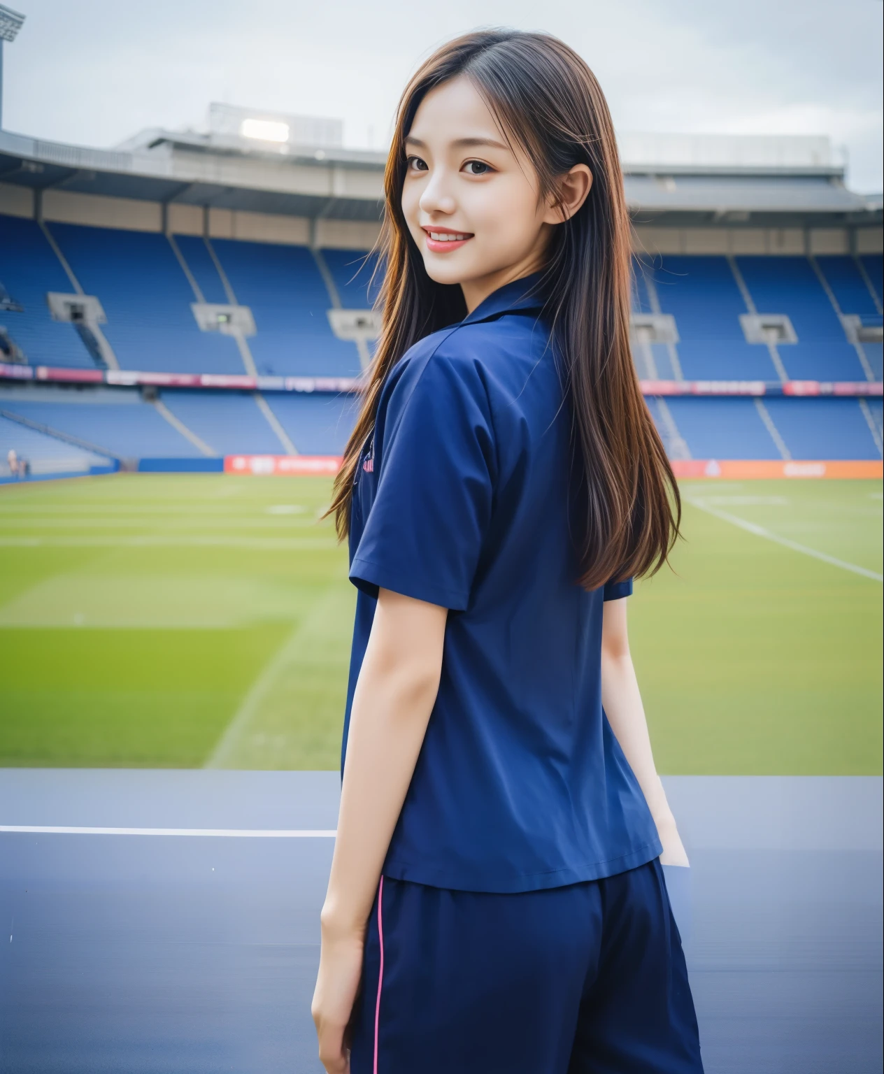 (best quality,10,10,height,Masterpiece:1.2),Special details,(realistic,ภาพrealistic,Realistic photos:1.37),1 cute girl on the football field,shiny, ผิวshiny,only,smile softly,BDclothelue shirt:1.3)),short sleeve,shirt, กางเกงขาlong.,(navy_long_track pants:1.1), ((stadium background:1.3)),Dynamic angle,excited,Face focus,dynamic poses,from behind,focus on ass,Masterpiece, best quality, ultra realistic, hyper-detail, 8K resolution, raw photos, Sharp focus, ((Navy blue shirt:1.1)), short sleeve, เส้นทางlong, perfect body, 2 mature women, 18 years old, Cinema-grade lighting system,blue sweatpants,shirtผ้าออกกำลังกาย,correct anatomy,perfect body, correct body, Sharp face, correct bodyทางกายวิภาค, full body, realistic gestures, long-haired, realistic poses,Wear long shorts................................,ช่วงขาlong,Good shape,carved girl, Slender figure, model, Good shape, beautiful body,blue sweatpants, two girls kissing