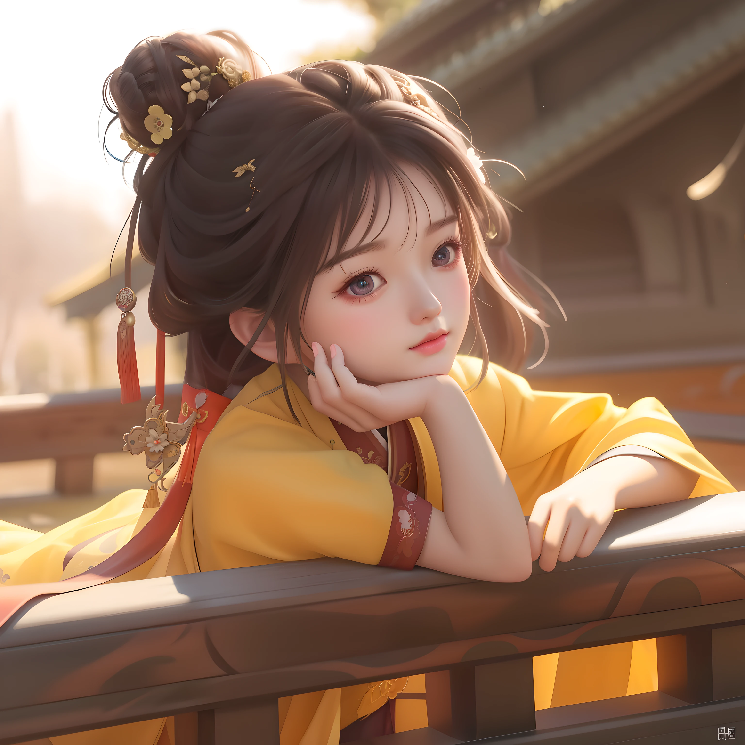 There was a girl sitting on a bench，Holding chin in hand, guweiz, guweiz style artwork, palace ， A girl wearing Hanfu, cute digital painting, Popular topics on cgstation, beautiful figure painting, Realistic cute girl painting, Beautiful digital art work, Lovely and detailed digital art, Chinese girl, cute digital art, cute anime girl