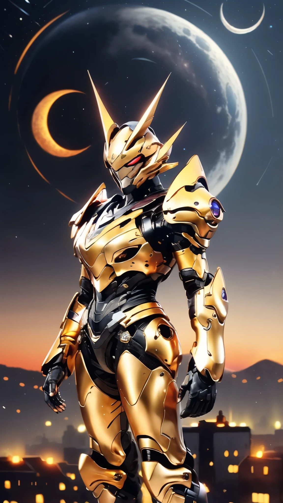 A woman adorned in fantasy-style full-body armor, a crown-concept fully enclosed helmet that unveils only her eyes, a composite layered chest plate, fully encompassing shoulder and hand guards, a lightweight waist armor, form-fitting shin guards, the overall design is heavy-duty yet flexible, ((the armor gleams with a golden glow, complemented by red and blue accents)), exhibiting a noble aura, she floats above a fantasy-surreal high-tech city, this character embodies a finely crafted fantasy-surreal style armored hero in anime style, exquisite and mature manga art style, (Queen bee mixed with Spider concept Armor, North America woman), ((night sky, city night view, elegant, goddess, femminine:1.5)), metallic, high definition, best quality, highres, ultra-detailed, ultra-fine painting, extremely delicate, professional, anatomically correct, symmetrical face, extremely detailed eyes and face, high quality eyes, creativity, RAW photo, UHD, 32k, Natural light, cinematic lighting, masterpiece-anatomy-perfect, masterpiece:1.5