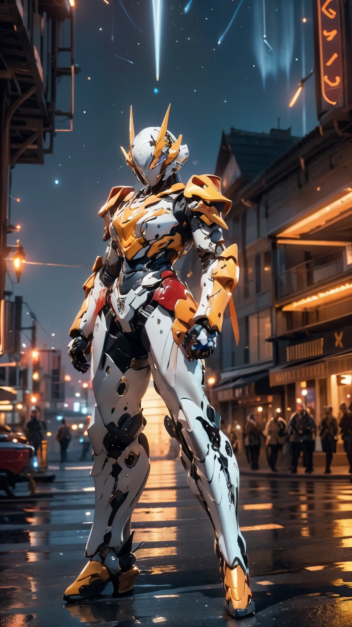 A woman adorned in fantasy-style full-body armor, a crown-concept fully enclosed helmet that unveils only her eyes, a composite layered chest plate, fully encompassing shoulder and hand guards, a lightweight waist armor, form-fitting shin guards, the overall design is heavy-duty yet flexible, ((the armor gleams with a golden glow, complemented by red and blue accents)), exhibiting a noble aura, she floats above a fantasy-surreal high-tech city, this character embodies a finely crafted fantasy-surreal style armored hero in anime style, exquisite and mature manga art style, (Queen bee mixed with Spider concept Armor, Nordic woman), ((night sky, city night view, elegant, goddess, femminine:1.5)), metallic, high definition, best quality, highres, ultra-detailed, ultra-fine painting, extremely delicate, professional, anatomically correct, symmetrical face, extremely detailed eyes and face, high quality eyes, creativity, RAW photo, UHD, 32k, Natural light, cinematic lighting, masterpiece-anatomy-perfect, masterpiece:1.5