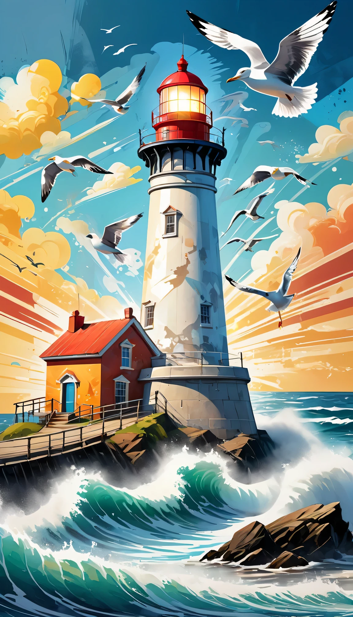 best quality,high resolution,(actual:1.37),graffiti style:lighthouse,Graffiti on lighthouse,Collage,painterly,Impressionism,roughly,Abstract,light and shadow,Artistic medium, bright colors, Detailed doodle design,Sketch-like texture,seamless integration of graffiti with lighthouse structure,pastel tones,reflection in water,seagull,floating clouds,bright sunshine,rough waves,dynamic composition,Fantasy elements