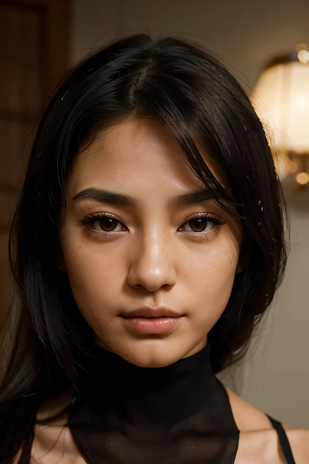 Presenting our AI model: elegant, enigmatic. With sleek black hair, a pointy nose, and captivating brown eyes, she exudes mystery wearing clothes. Light freckles adorn her cheeks, adding innocence to her emotional depth. Her Japanese heritage infuses grace and resilience into her presence. In her gaze, sadness meets beauty, leaving a lasting impression.