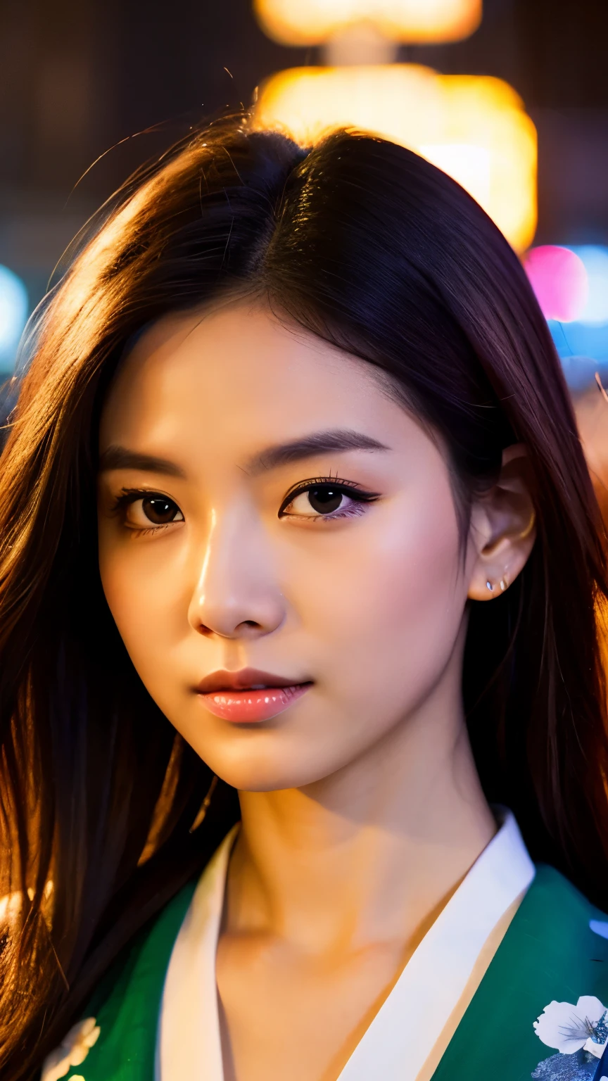 Beautiful Japanese supermodel woman, A lock of hair with slight highlights, black eyes, mixed media, Sexy,street background,Gorgeous kimono , Liquid color flows across her face, Sunset,Photo by Wang Luodan,god of wealth