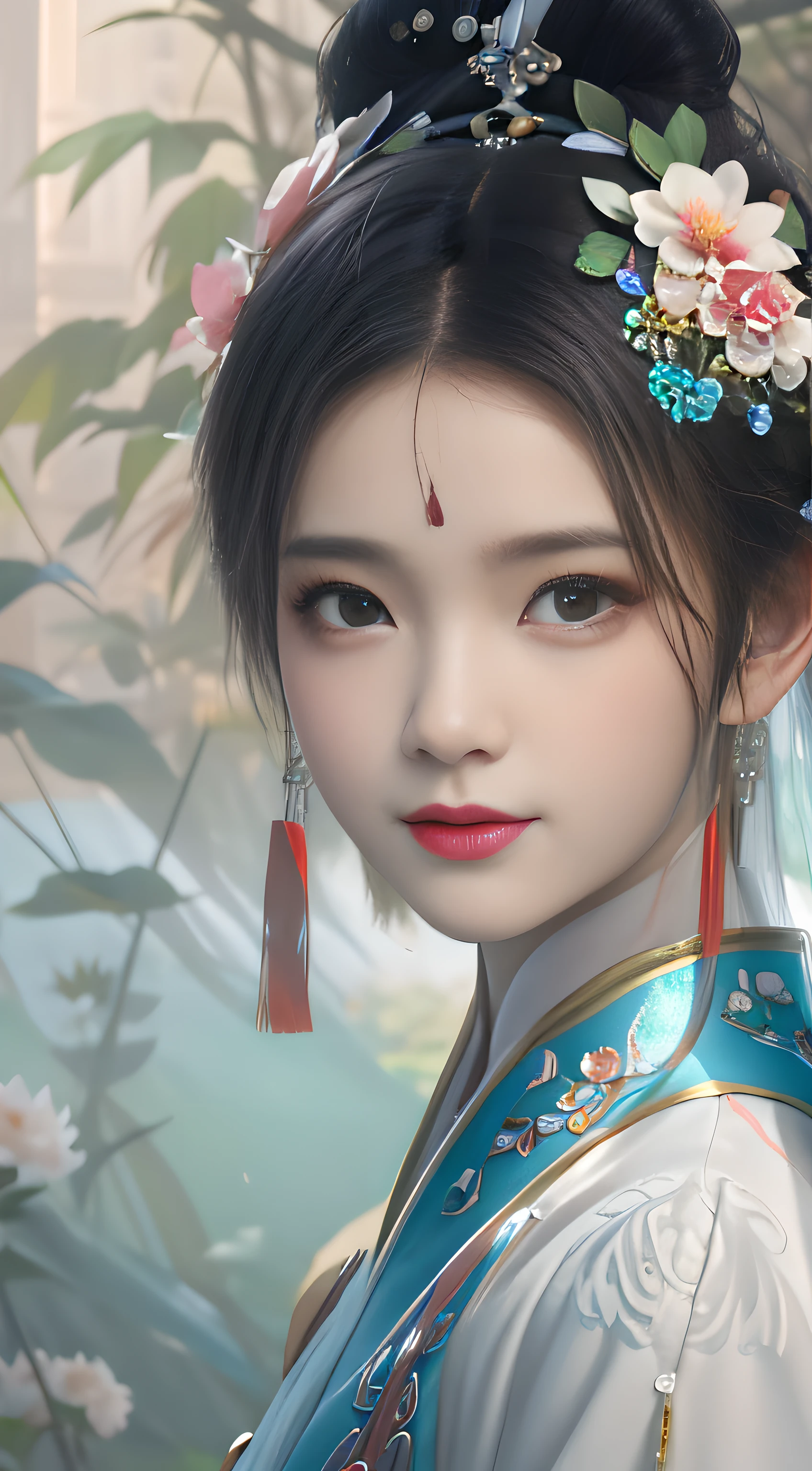 there is a woman,A flower in his hair,Wearing a blue dress, Gurwitz-style artwork, Gurwitz, inspired by Yanjun Cheng, palace , A girl wearing Hanfu, Artgerm and Ruan Jia, inspired by Fenghua Zhong, Gurwitz Masterpiece, Chinese fantasy, Huapu Art, Inspired by Lan Ying