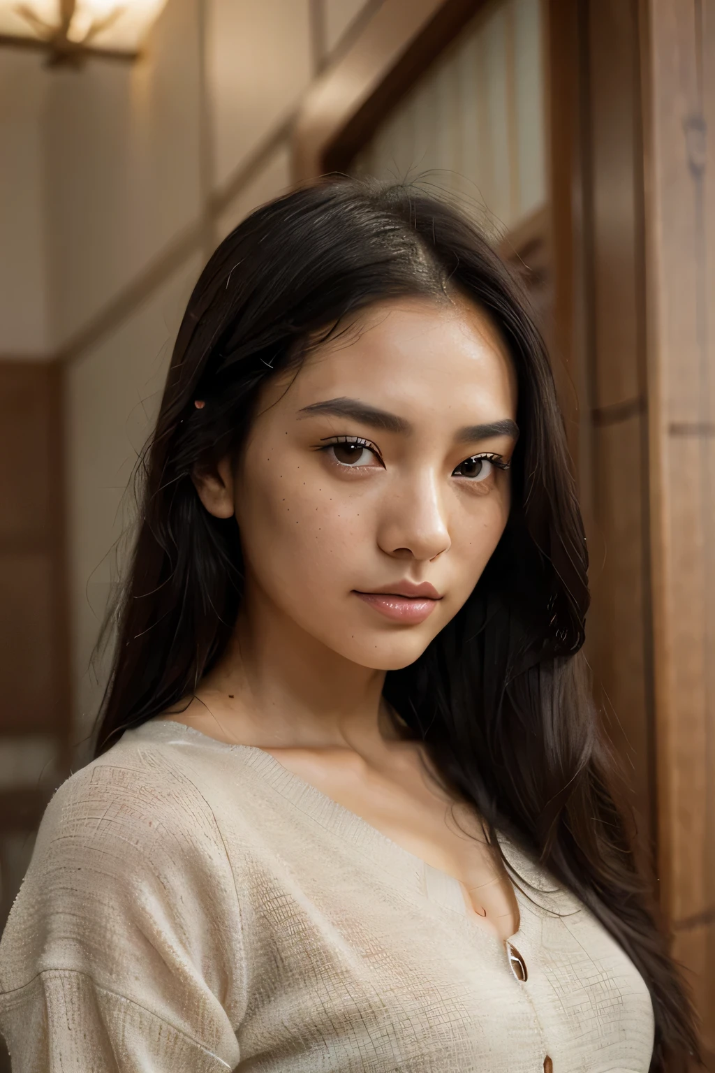 A stunning portrait of a beautiful Indonesia fair-haired woman. Think of code 002 anime girl elegance, in woman’s underwear. Captured in a modern setting. The subject is styled in a timeless fashion, with soft waves in her hair and a subtle, sophisticated makeup look that enhances her natural beauty. The medium is photo hyper-realism, real human skin with a focus on highly detailed and high-resolution 16k imagery.