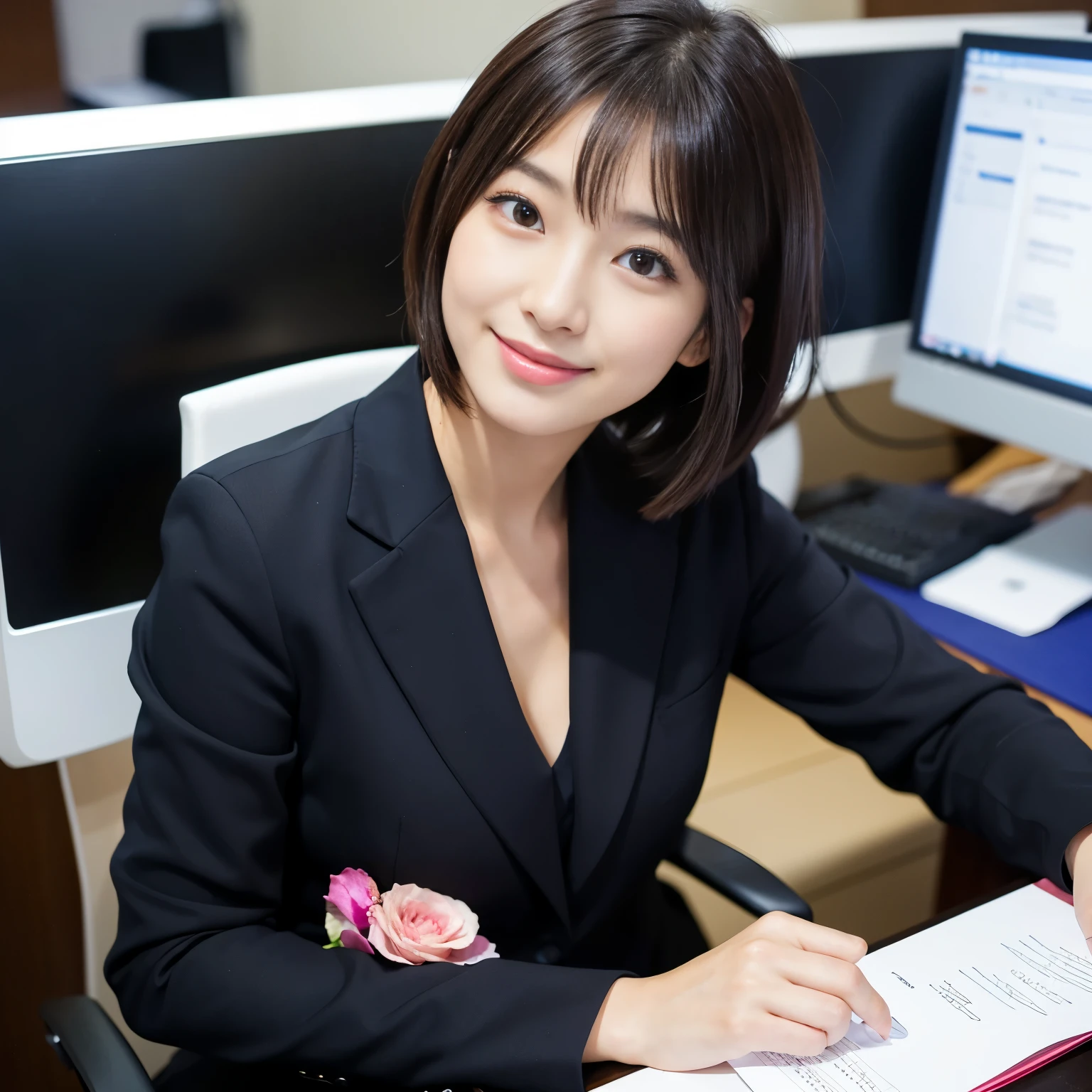 Best-quality, Masterpiece, Ultra-High-Resolution, (Photorealistic:1.4), Raw-Photo, in office, 1girl, the most famous Japanese idol, sitting on business-chair, innocent-smile, (extremely cute face like the most popular Japanese idol, extremely beautiful big-black-eyes, extremely beautiful black-short-cut-hair), extremely beautiful skins, extremely beautiful long-eyelashes, extremely beautiful lips, wearing business-suit, detailed business-suit, detailed office, detailed business-desk, detailed business-chair, detailed PC, detailed multi-monitor