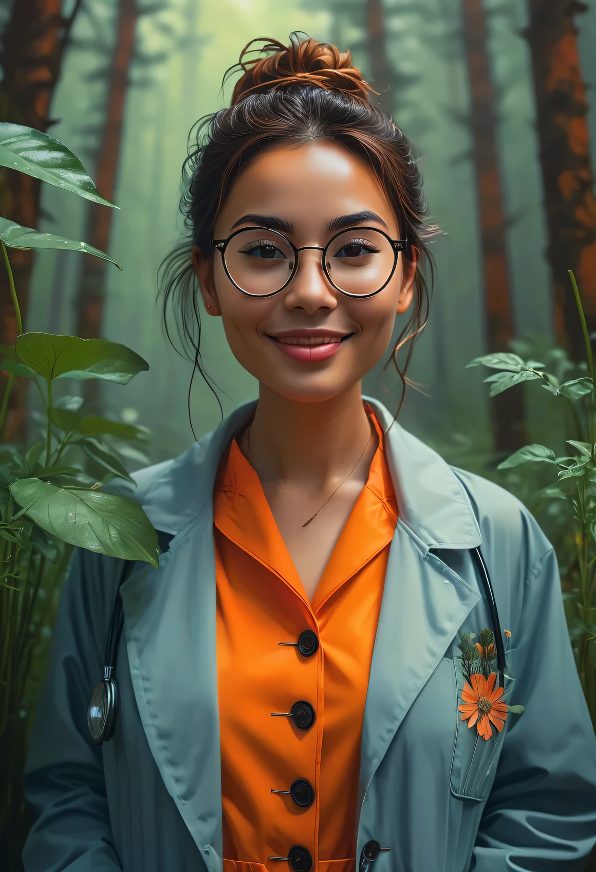 (front view, full body shot photo of the most beautiful artwork in the world featuring a beautiful smiling modern female, horny facial expression), Young and beautiful doctor dressed in a coat made of natural fabrics, with bunches of herbs and flowers in the pockets, sexy eyeglasses, intelligent but exciting look, ((mixed race woman)), sexy, big eyes, (symmetrical hoop earrings), (fantasy forest futuristic look), (neon lights), night, slow motion, (symmetrical), (reflections), orange raincoat, ((intricate detail)), nostalgia, ((heart professional majestic oil painting by Ed Blinkey)), Atey Ghailan, Studio Ghibli, by Jeremy Mann, Greg Manchess, Antonio Moro, (trending on ArtStation), trending on CGSociety, ((Intricate)), ((High Detail)), (8K), Sharp focus, dramatic, stunning god rays, photorealistic painting art by midjourney and greg rutkowski