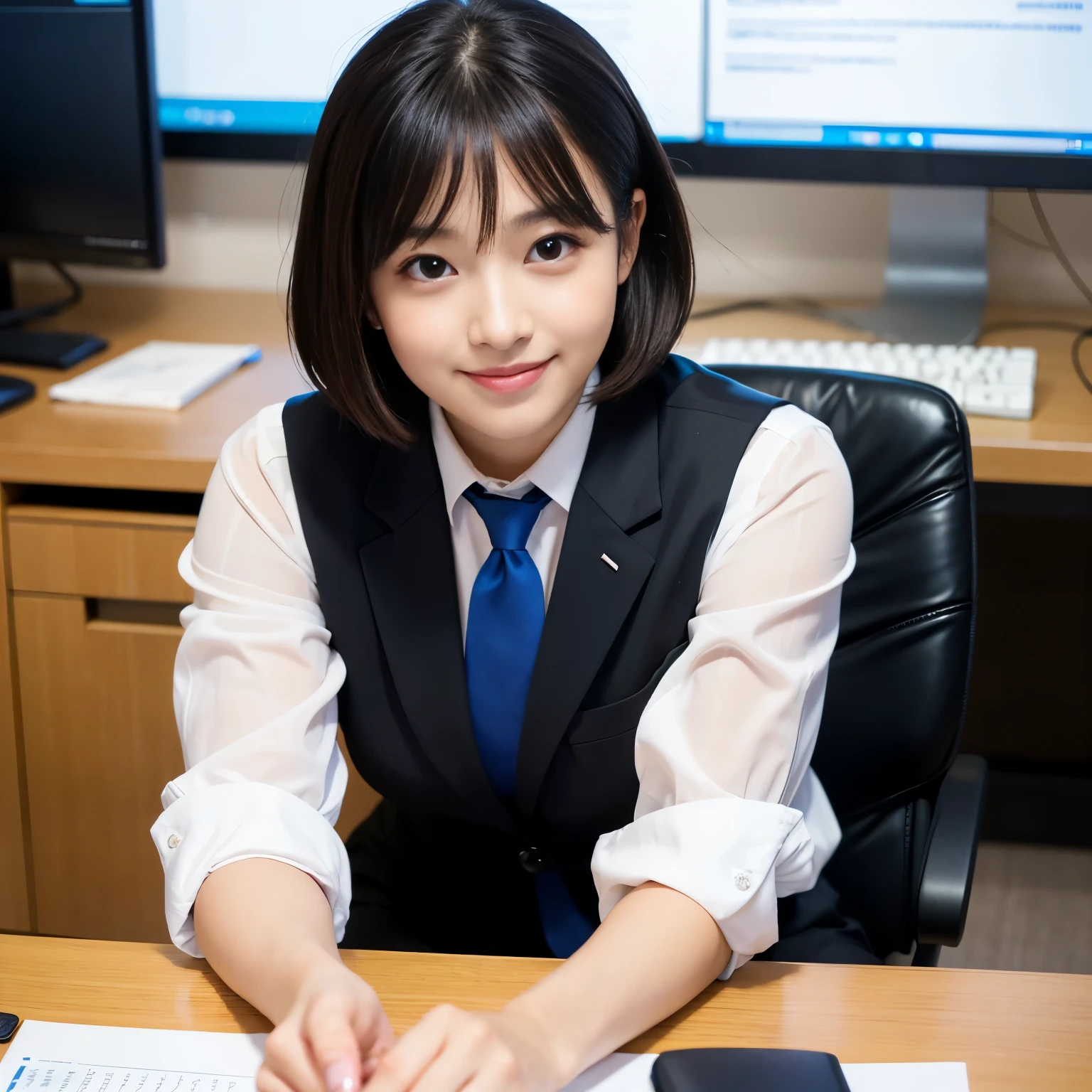Best-quality, Masterpiece, Ultra-High-Resolution, (Photorealistic:1.4), Raw-Photo, in office, 1girl, the most famous Japanese idol, sitting on business-chair, innocent-smile, (extremely cute face like the most popular Japanese idol, extremely beautiful big-black-eyes, extremely beautiful black-short-cut-hair), extremely beautiful skins, extremely beautiful long-eyelashes, extremely beautiful lips, wearing business-suit, detailed business-suit, detailed office, detailed business-desk, detailed business-chair, detailed PC, detailed multi-monitor