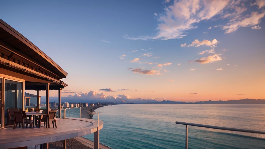 The sea can be seen from inside the room, the waves are lapping, the waves are gentle, there is a table and chairs on the balcony, there is a coffee cup on the table, the sun is rising in the sky, there are a few clouds, and there is a sandy beach. A calm landscape with a few buildings and palm trees, the morning sun reflecting on the water and making it sparkle.