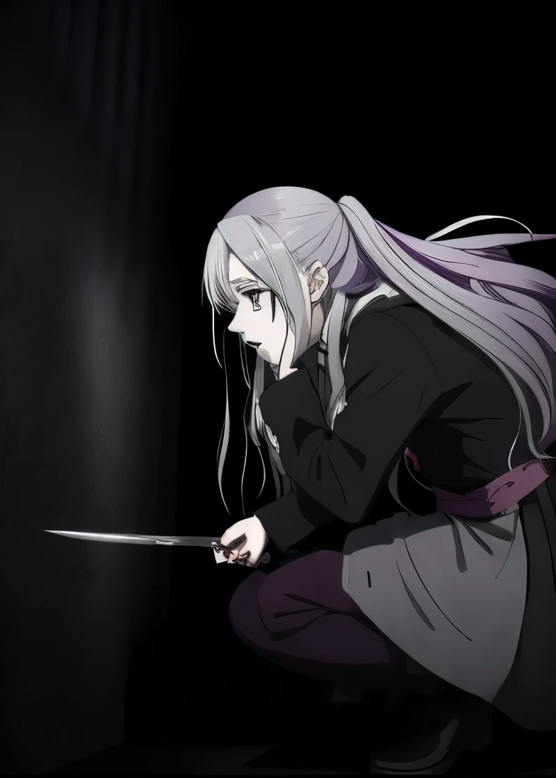 hold a knife、girl painting , Are crying, long silver hair,Big eyes,black eye,emotionless, Are crying, sad,Maid in clothes, sad mira Haci el espectador , Gapmoe yandere, yandere, yandere intrincado, Gapmoe yandere Grimdark, Retrato Gapmoe yandere Grimdark, Shalltear from Overlord, ;open your mouth, beautiful anime outline, ( ( ( yoshinari yoh ) ) ),