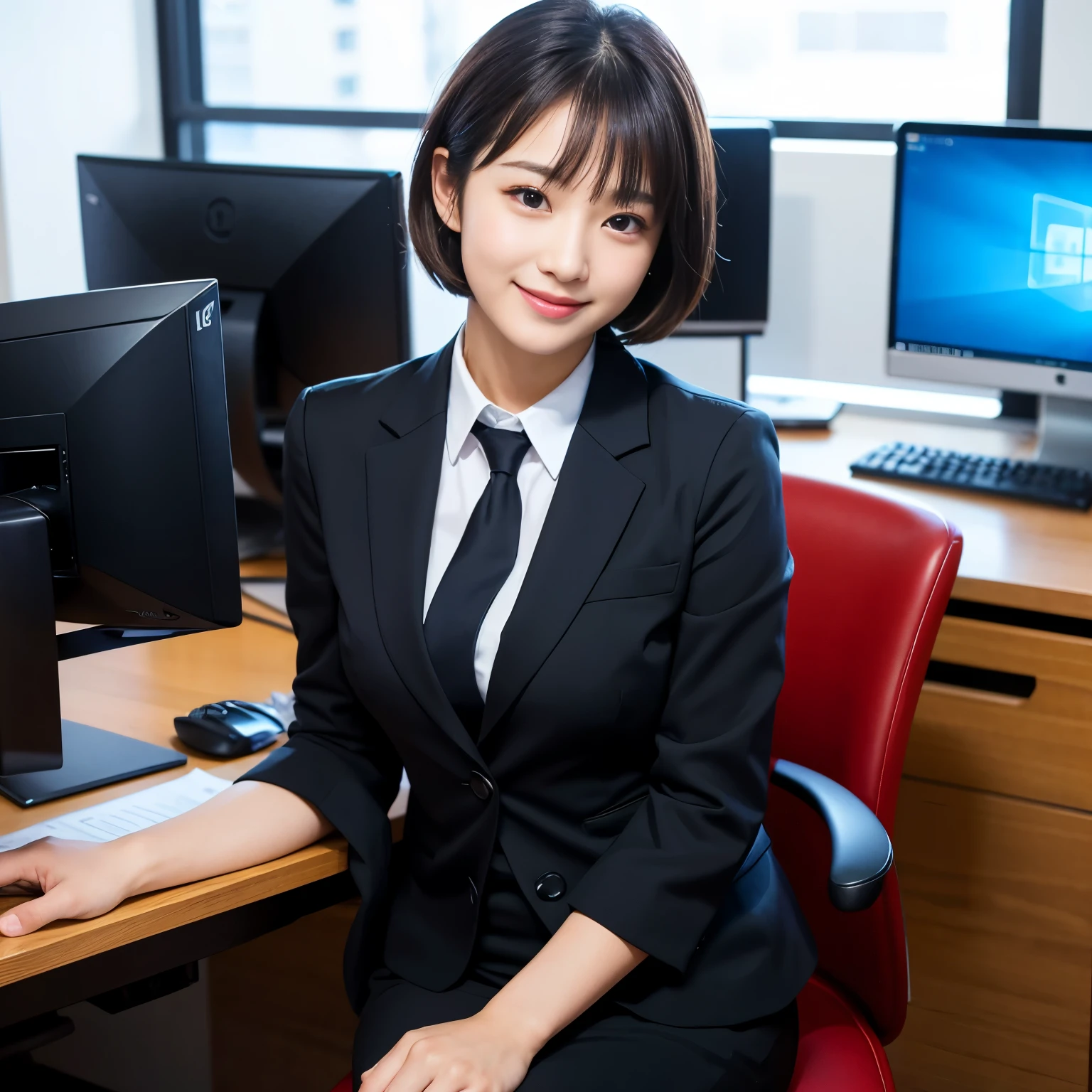 Best-quality, Masterpiece, Ultra-High-Resolution, (Photorealistic:1.4), Raw-Photo, in office, 1girl, the most famous Japanese idol, sitting on business-chair, innocent-smile, (extremely cute face like the most popular Japanese idol, extremely beautiful big-black-eyes, extremely beautiful black-short-cut-hair), extremely beautiful skins, extremely beautiful long-eyelashes, extremely beautiful lips, wearing business-suit, detailed business-suit, detailed office, detailed business-desk, detailed business-chair, detailed PC, detailed multi-monitor