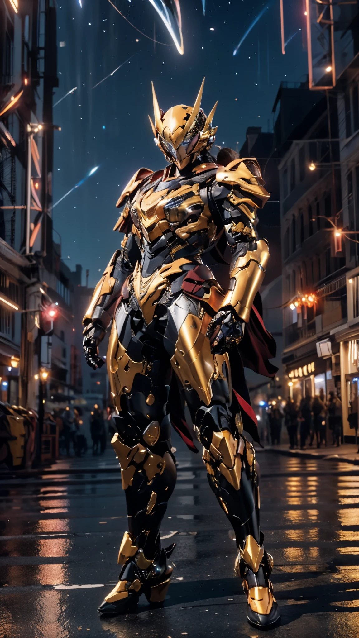 A woman adorned in fantasy-style full-body armor, a crown-concept fully enclosed helmet that unveils only her eyes, a composite layered chest plate, fully encompassing shoulder and hand guards, a lightweight waist armor, form-fitting shin guards, the overall design is heavy-duty yet flexible, ((the armor gleams with a golden glow, complemented by red and blue accents)), exhibiting a noble aura, she floats above a fantasy-surreal high-tech city, this character embodies a finely crafted fantasy-surreal style armored hero in anime style, exquisite and mature manga art style, (Queen bee mixed with Spider concept Armor, Nordic woman), ((night sky, city night view, elegant, goddess, femminine:1.5)), metallic, high definition, best quality, highres, ultra-detailed, ultra-fine painting, extremely delicate, professional, anatomically correct, symmetrical face, extremely detailed eyes and face, high quality eyes, creativity, RAW photo, UHD, 32k, Natural light, cinematic lighting, masterpiece-anatomy-perfect, masterpiece:1.5