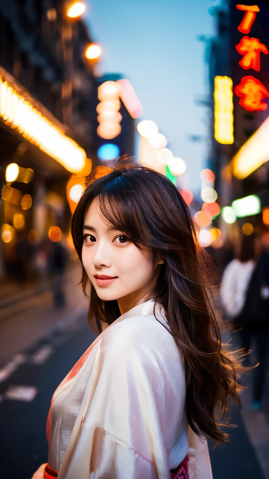 Beautiful Japanese supermodel woman, A lock of hair with slight highlights, black eyes, mixed media, Sexy,street background,Gorgeous kimono , Liquid color flows across her face, Sunset,Photo by Wang Luodan,god of wealth