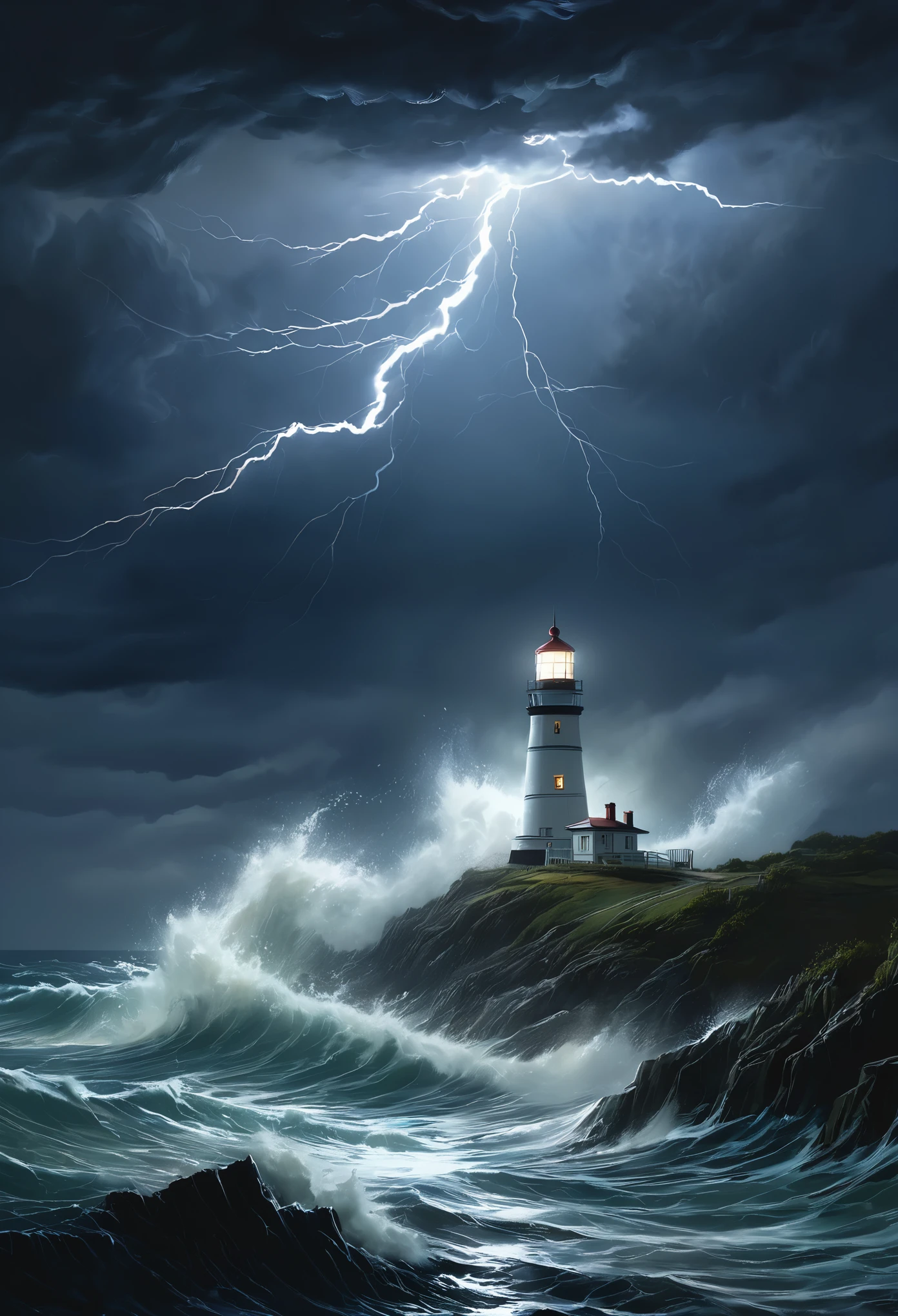 illustration，painting，acrylic painting，in the dark night，heavily clouded，lightning，on the vast sea，stormy waves，The dim light of the distant lighthouse guides the way forward，close shot，8k，illustration，painting，acrylic painting，Realistic light effects，True light reflection，True light falloff，masterpiece，Super fine，hyper-realistic，Super realistic，Detailed portrayal，Detailed and accurate brushstrokes，best quality