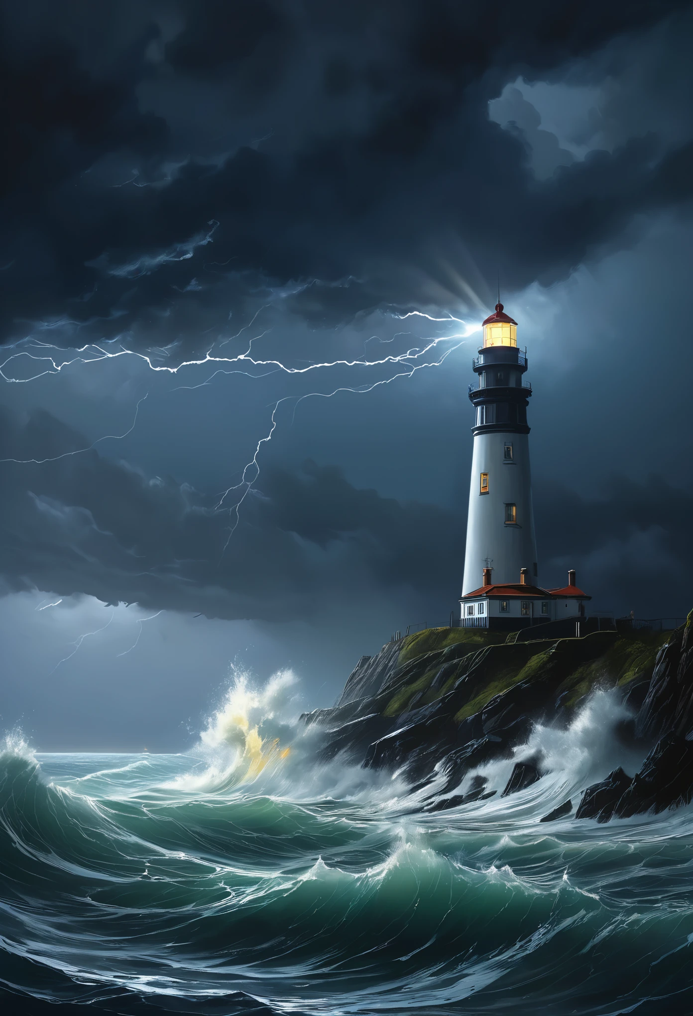 illustration，painting，acrylic painting，in the dark night，heavily clouded，lightning，on the vast sea，stormy waves，The dim light of the distant lighthouse guides the way forward，close shot，8k，illustration，painting，acrylic painting，Realistic light effects，True light reflection，True light falloff，masterpiece，Super fine，hyper-realistic，Super realistic，Detailed portrayal，Detailed and accurate brushstrokes，best quality