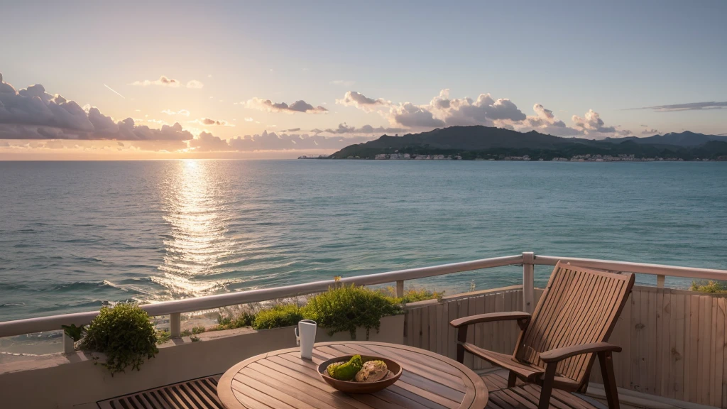 The sea can be seen from inside the room, the waves are lapping, the waves are gentle, there is a table and chairs on the balcony, there is a coffee cup on the table, the sun is rising in the sky, there are a few clouds, and there is a sandy beach. A calm landscape with a few buildings and palm trees, the morning sun reflecting on the water and making it sparkle.