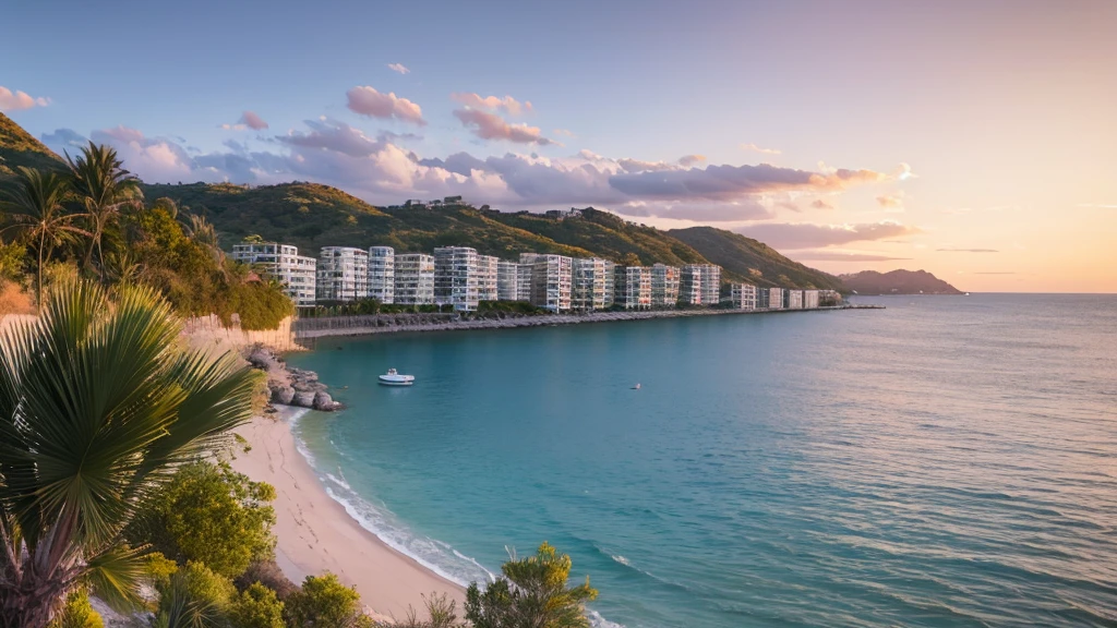 The sea can be seen from inside the room, the waves are lapping, the waves are gentle, there is a table and chairs on the balcony, there is a coffee cup on the table, the sun is rising in the sky, there are a few clouds, and there is a sandy beach. A calm landscape with a few buildings and palm trees, the morning sun reflecting on the water and making it sparkle.