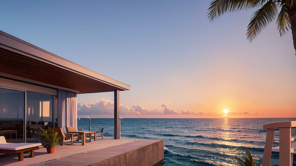 The sea can be seen from inside the room, the waves are lapping, the waves are gentle, there is a table and chairs on the balcony, there is a coffee cup on the table, the sun is rising in the sky, there are a few clouds, and there is a sandy beach. A calm landscape with a few buildings and palm trees, the morning sun reflecting on the water and making it sparkle.