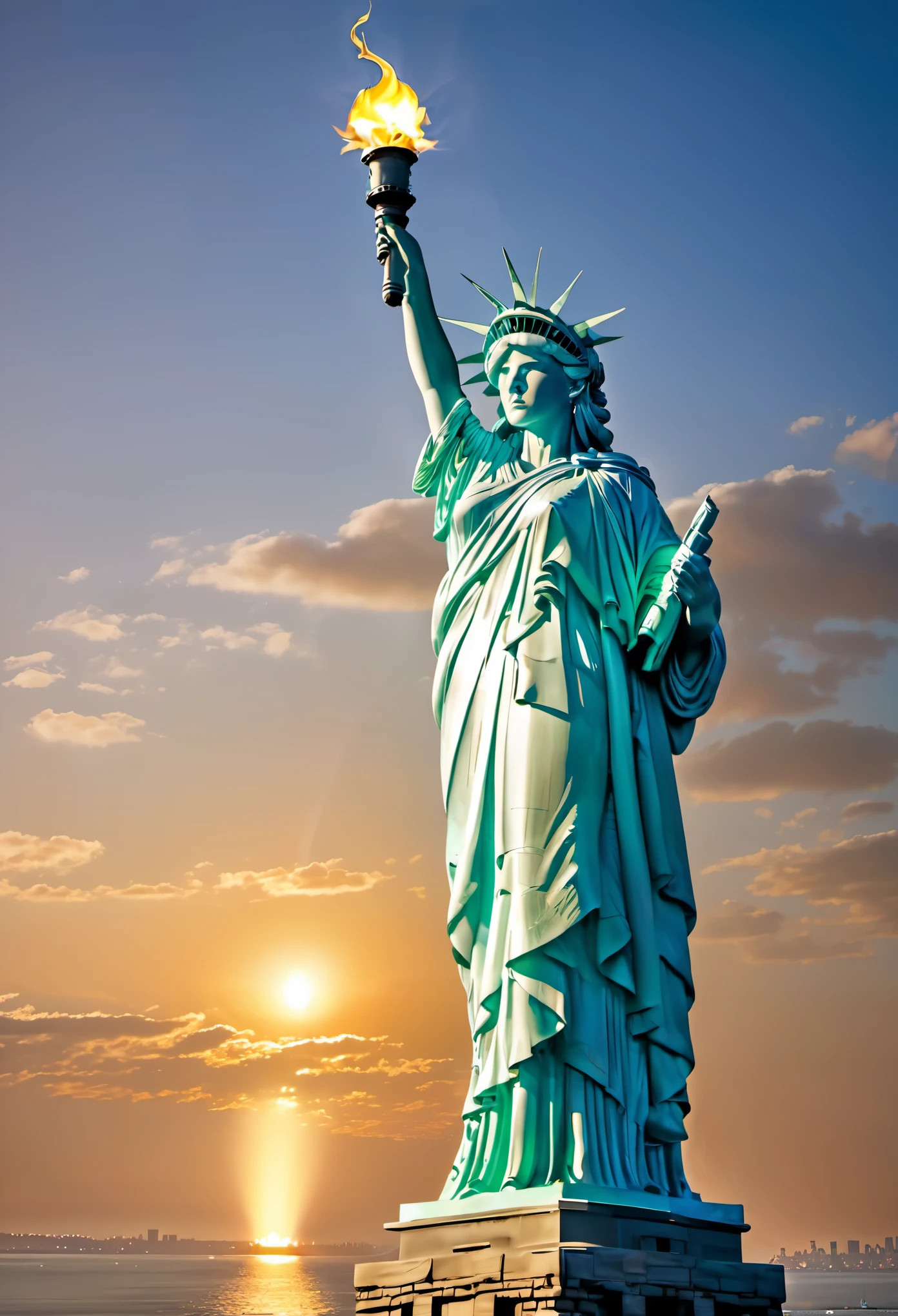 statue of Liberty holding a torch in the air, statue of Liberty, photo of the statue of Liberty, the statue of Liberty, goddess statue at left, represent, goddess statue sitting pose, on the island, nice images, lit in the light of dawn, new york background, beautiful scenery, stylized photo, Robert Scott Lauder