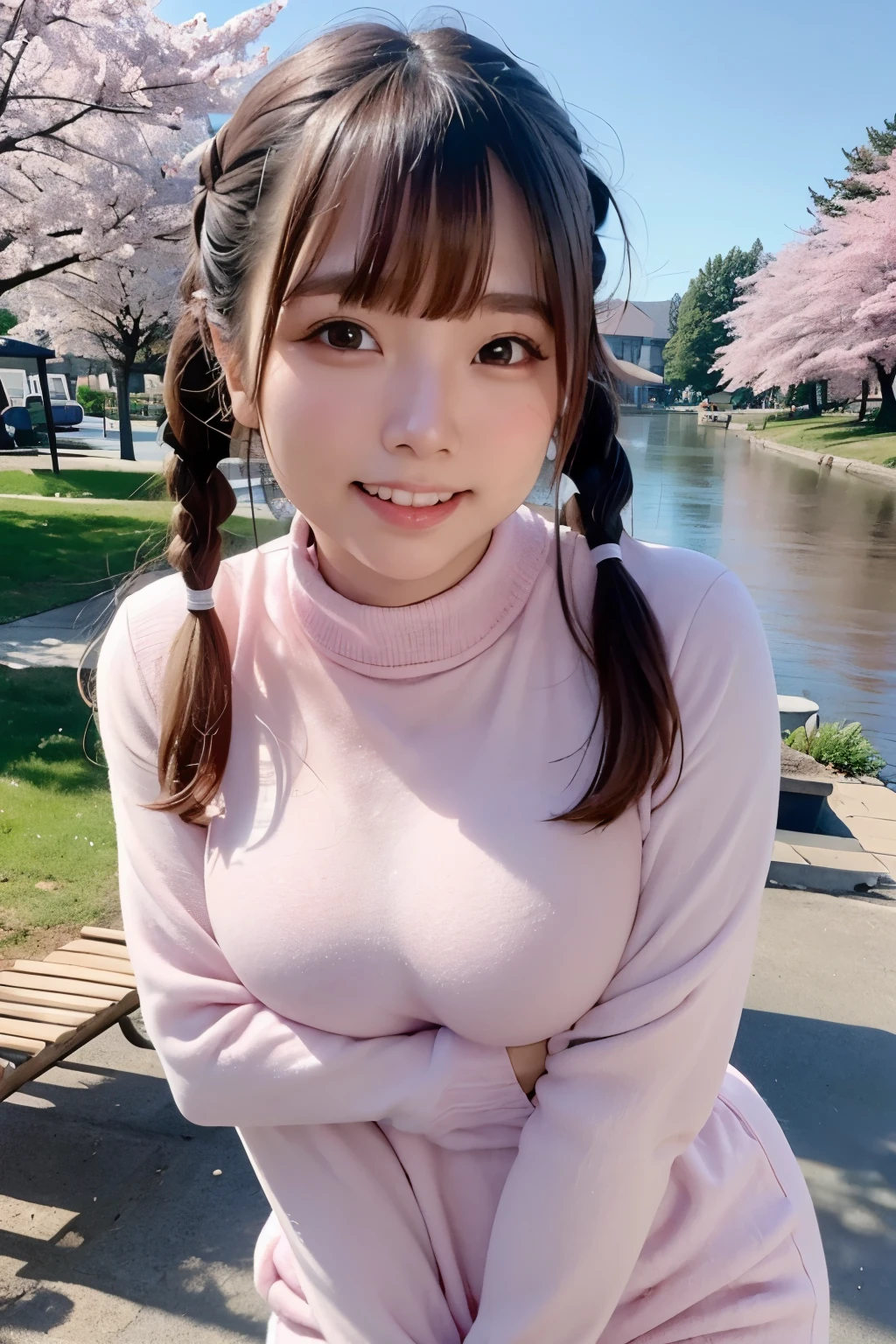 (overflowing tits), (very young face), top-quality、超A high resolution、(photoRealstic:1.4)、(wide face: 1.4), red blush、cute little、(Detailed face)、Light smile、Looking at the camera、The upper part of the body、komono、Sunnyday、a river、(cherry trees)、blue-sky、huge tit、(extremely soft: 1.4), (colossal tits about to burst), pink pajamas, (turtleneck), sweatpants, (long low twintails), black hair, 1girl, (full body shot), bangs, (shy)