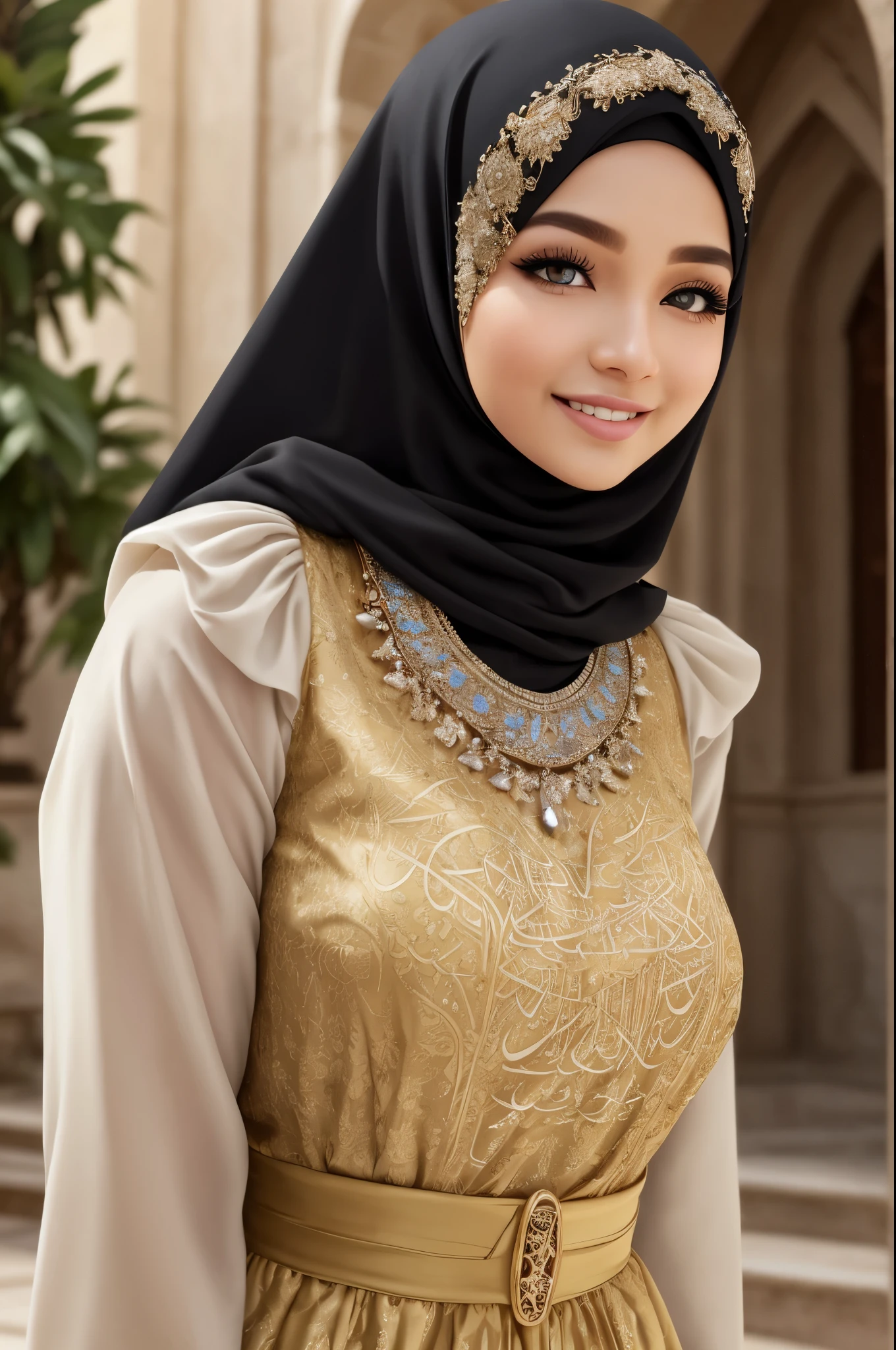 ((masterpiece)), ((best quality)), (ultra-detailed), ((extremely detailed)), 4K, (8K), best quality, (beautiful), illustration, dynamic angle, upper body, look down from above, castle, morning, a pretty woman, solo, witch, beautiful black hair, beautiful green eyes, ((beautiful eyes)), earrings, necklace, smile, luminous effect, shiny, wearing islamic long sleeve, islamic dress with hijab, mosque background