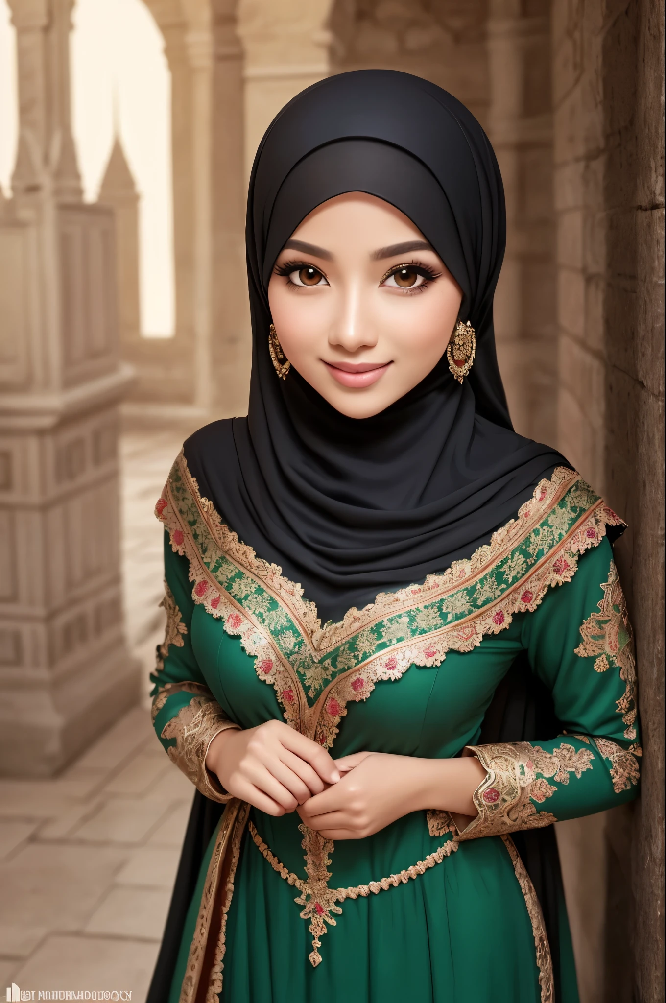 ((masterpiece)), ((best quality)), (ultra-detailed), ((extremely detailed)), 4K, (8K), best quality, (beautiful), illustration, dynamic angle, upper body, look down from above, castle, morning, a pretty woman, solo, witch, beautiful black hair, beautiful green eyes, ((beautiful eyes)), earrings, necklace, smile, luminous effect, shiny, wearing islamic long sleeve, islamic dress with hijab, mosque background 