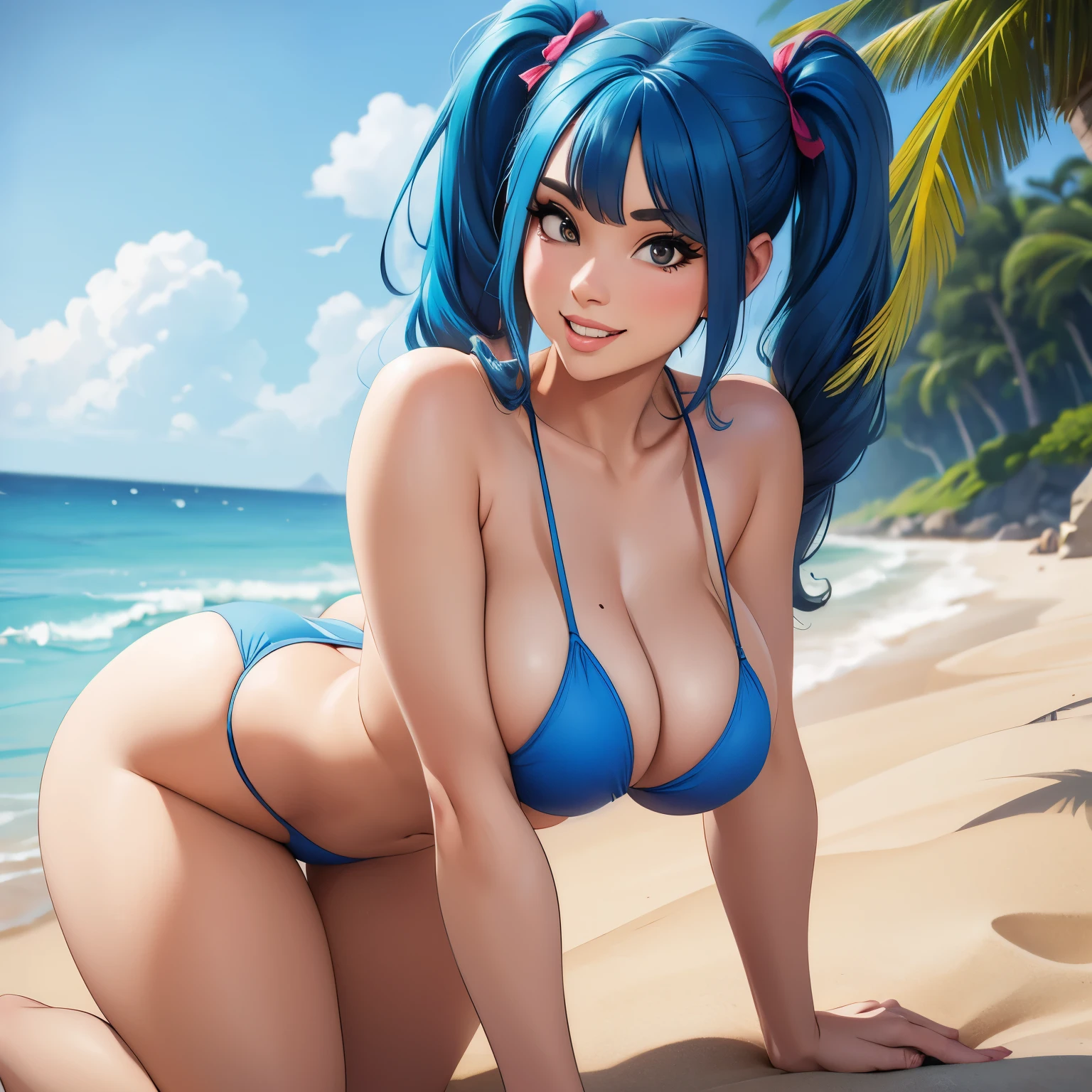 ((best quality)), ((masterpiece)), (detailed), solo, 1girl , perfect, gorgeous woman with blue bikini, blue hair, pigtails, sexy smile, (luscious lips), (short), slender, medium breast, big buttocks, sexy pose, thicc, by the beach