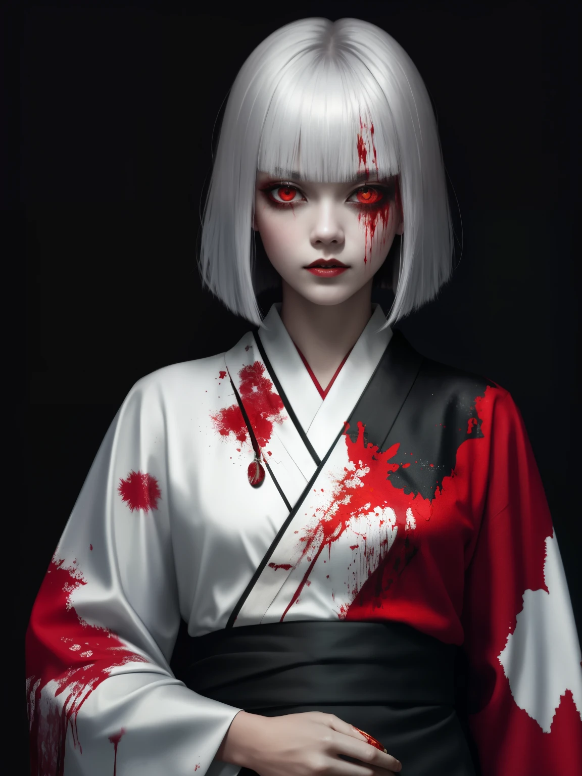 hold a knife、(masterpiece, highest quality:1.2), Cover image, splattered color background, very detailed, Colorful black, 1 girl, long silver hair, red eyes, short hair, dull bangs, mannequin, cool face, (((white kimono))), figure, horror art, fear, Spooky, Blood, Blood eyes, goa