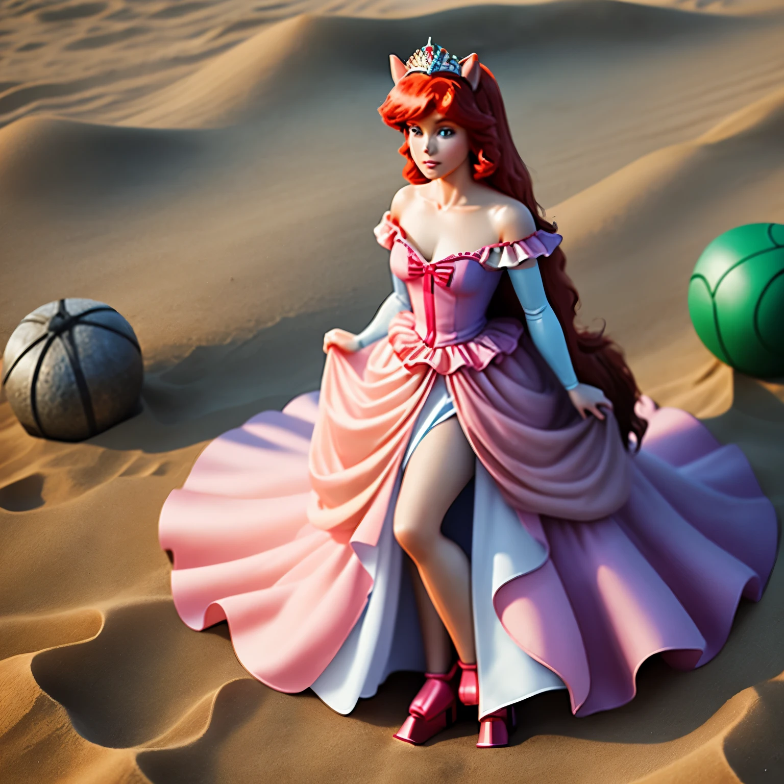 ((On a toy horse )) on the sand is Princess Ariel ((full body))  wearing an off shoulder dress