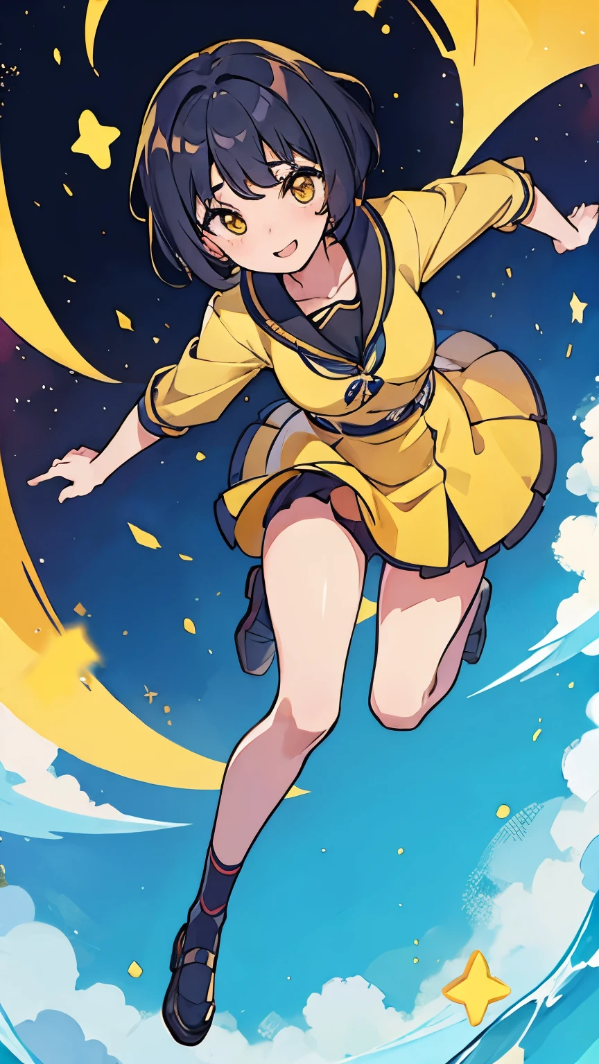 there is a girl with a short hair and a yellow dress, with short hair, anime japan girl, 18 years old, ruan cute vtuber, slight cute smile, nivanh chanthara, lovely smile, 19-year-old girl, short smile, sakimi chan, 1 6 years old, 2 2 years old, smile, beautiful, sexy, medium breasts, full body