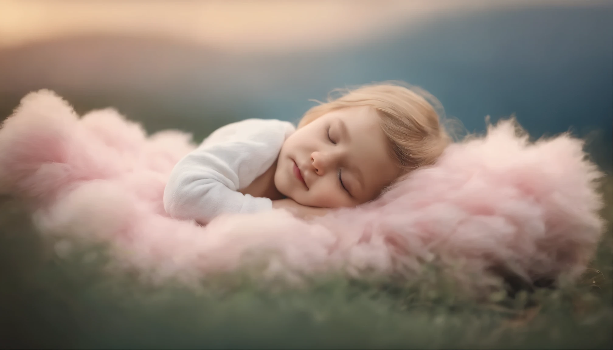 User
Create a whimsical and heartwarming image of a small, adorable  sleeping peacefully on a fluffy cloud. The  should be depicted in a comfortable and serene pose, emphasizing the innocence and tranquility of sleep. The cloud should be soft and inviting, resembling a cozy bed in the sky. Surround the scene with a pastel-colored background, perhaps with gentle shades of blue and pink, to enhance the dreamlike atmosphere. The 's expression should be content and peaceful, capturing the essence of sweet dreams. The overall tone of the image should convey warmth, comfort, and a sense of whimsical charm.