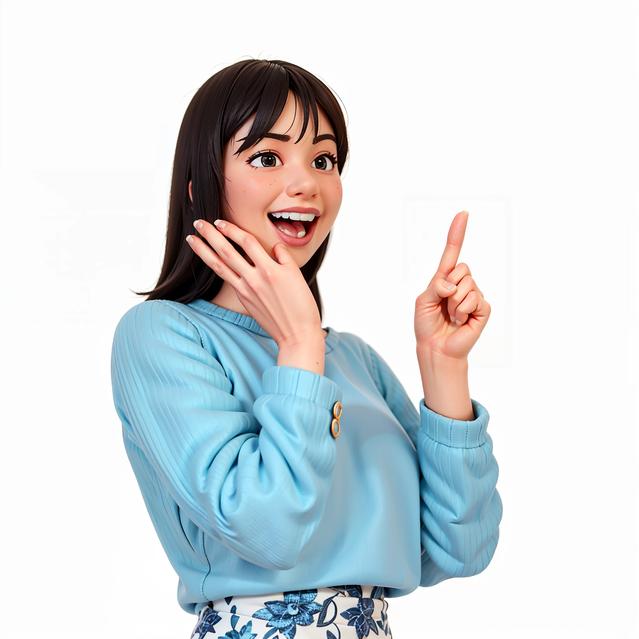 pixar character, cg image, game character, woman in blue shirt making a gesture with her hand, with index finger, she expressing joy, she is smiling and excited, excited facial expression, young woman, with pointing finger, ad image, excited expression, chiho, pointing