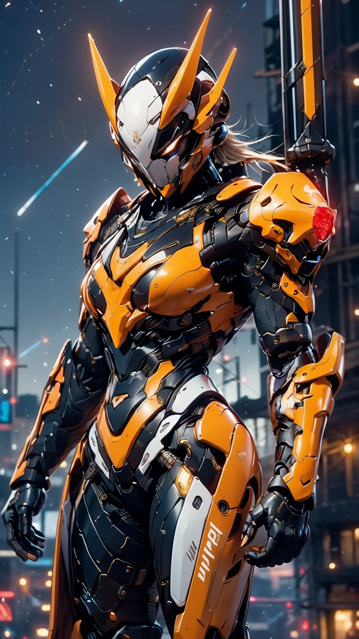 A woman adorned in fantasy-style full-body armor, a crown-concept fully enclosed helmet that unveils only her eyes, a composite layered chest plate, fully encompassing shoulder and hand guards, a lightweight waist armor, form-fitting shin guards, the overall design is heavy-duty yet flexible, ((the armor gleams with a golden glow, complemented by red and blue accents)), exhibiting a noble aura, she floats above a fantasy-surreal high-tech city, this character embodies a finely crafted fantasy-surreal style armored hero in anime style, exquisite and mature manga art style, (Queen bee mixed with Spider concept Armor, Nordic woman), ((night sky, city night view, elegant, goddess, femminine:1.5)), metallic, high definition, best quality, highres, ultra-detailed, ultra-fine painting, extremely delicate, professional, anatomically correct, symmetrical face, extremely detailed eyes and face, high quality eyes, creativity, RAW photo, UHD, 32k, Natural light, cinematic lighting, masterpiece-anatomy-perfect, masterpiece:1.5